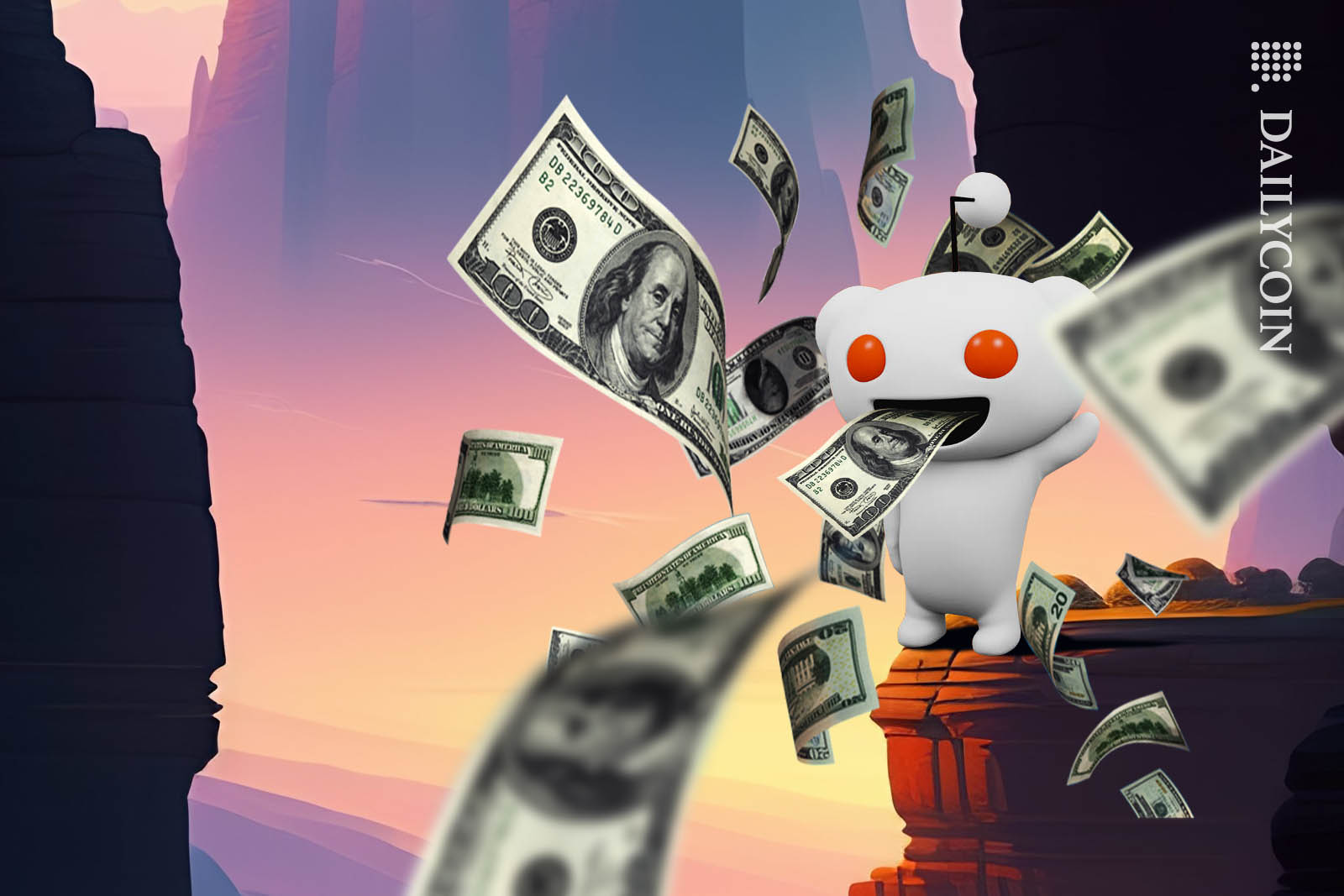 Reddit mascot standing on a cliff spitting money into the valley.