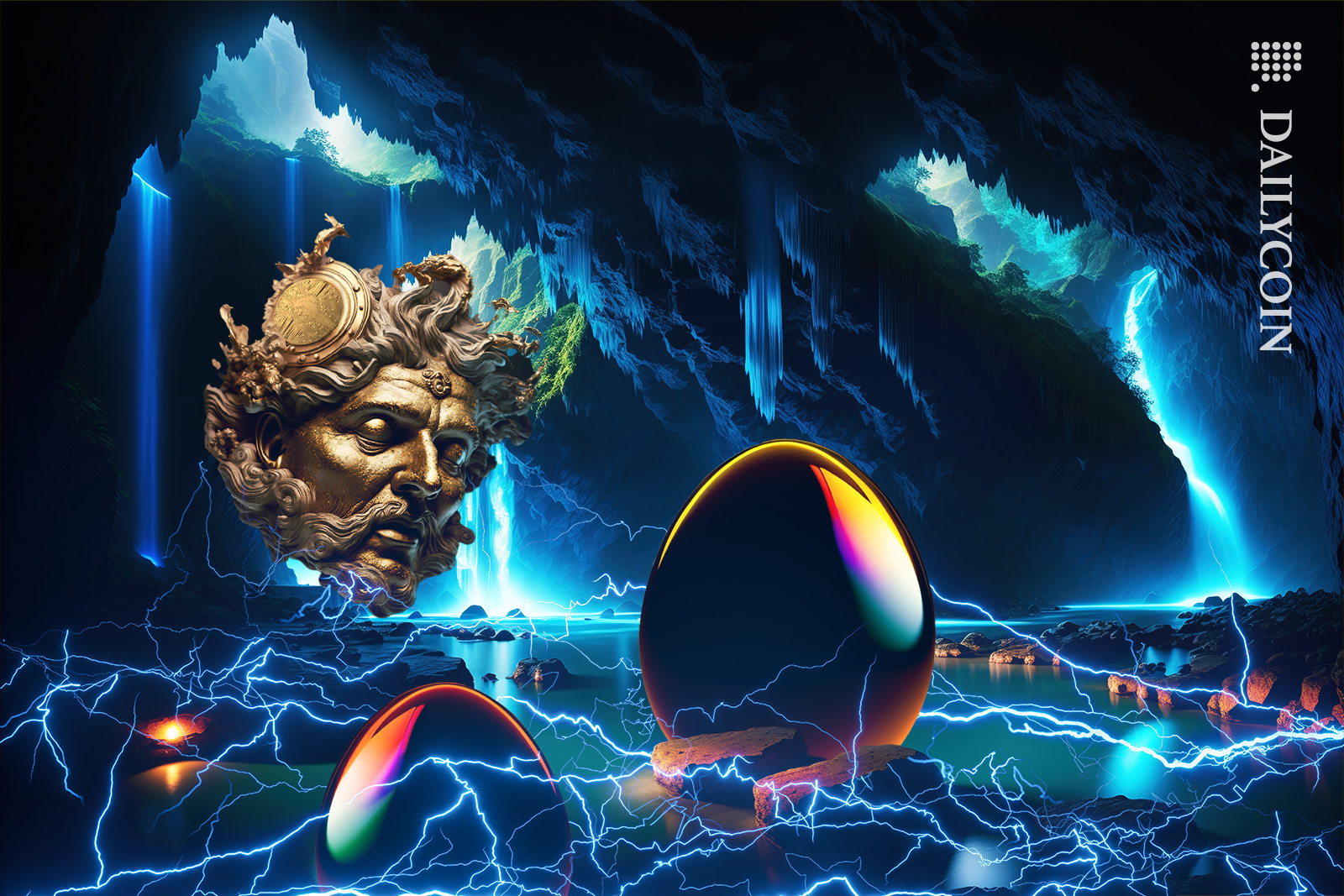 Waterfall cave with glossy eggs in the water surrounded by electricity. Greek head with a crypto coin is watching them.