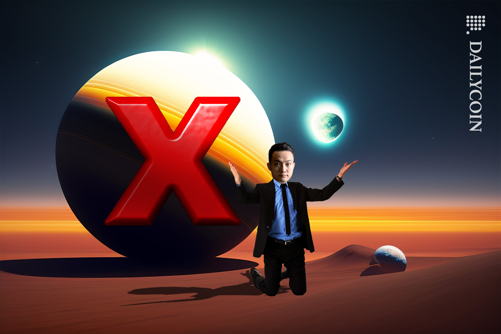 Justin Sun with arms open standing in the middle of the alien desert next to a small planet with a big red X written on top of it.