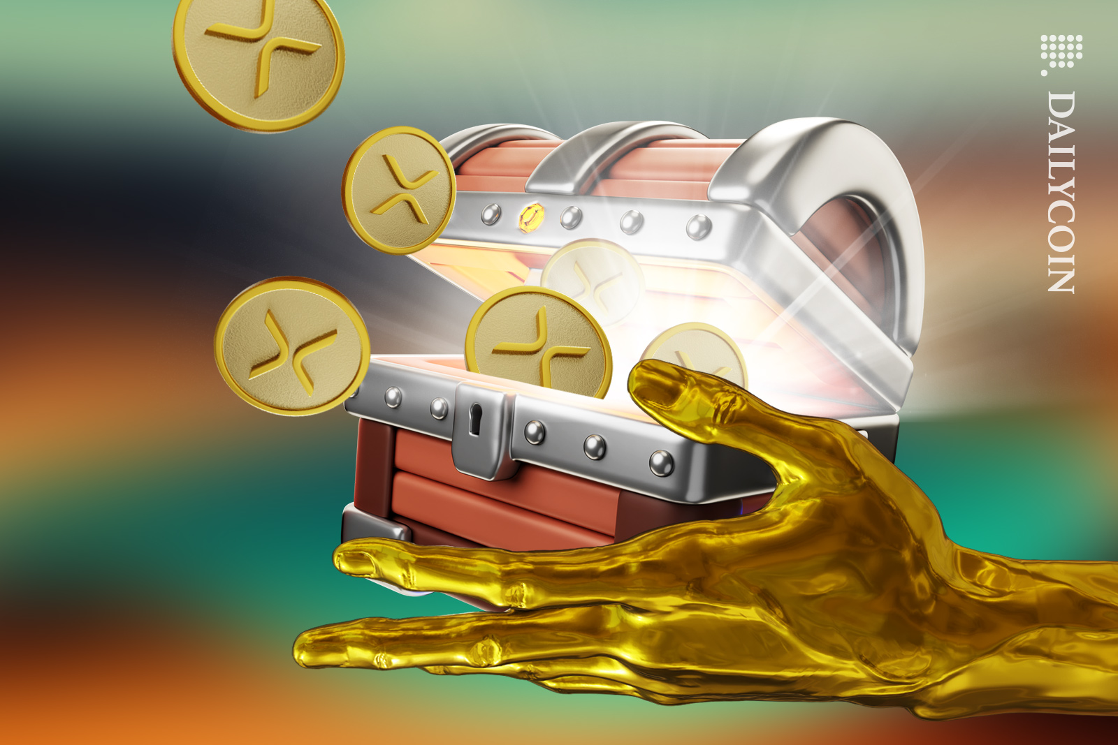 Gold hand holding a treasure chest with XRP coins flying out.