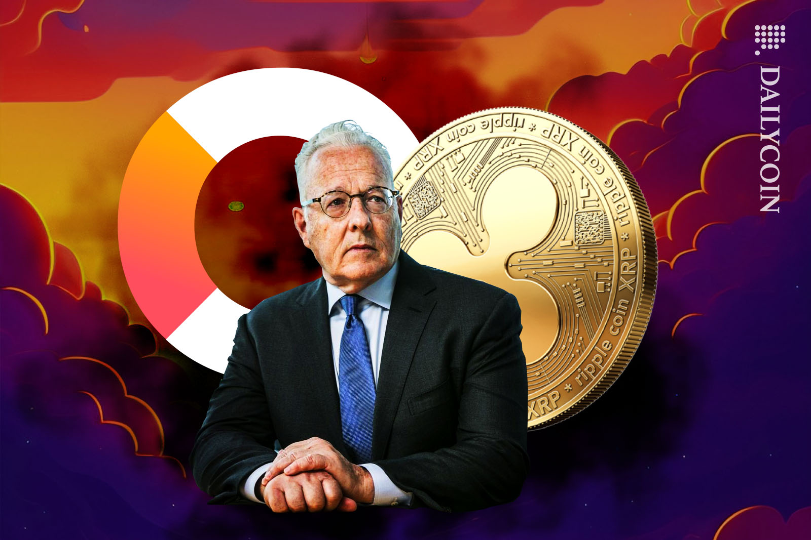 A composition of Bill Hinman, A Ripple coin and a Metaco logo set infront of a purple cartoonish sky.