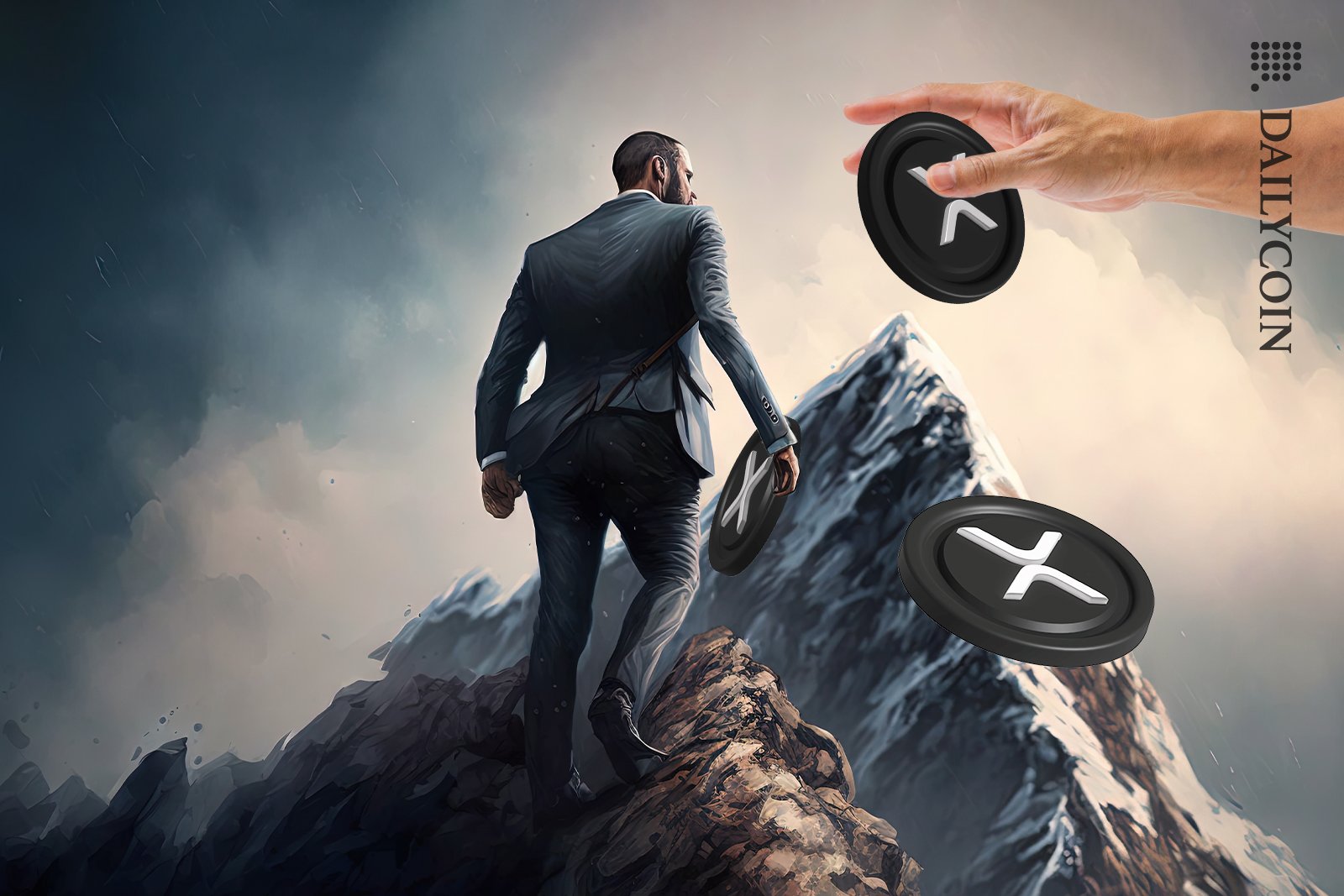 Business man walking towards the peak of the mountain and on top of the peak there is a hand dropping XRP coins.