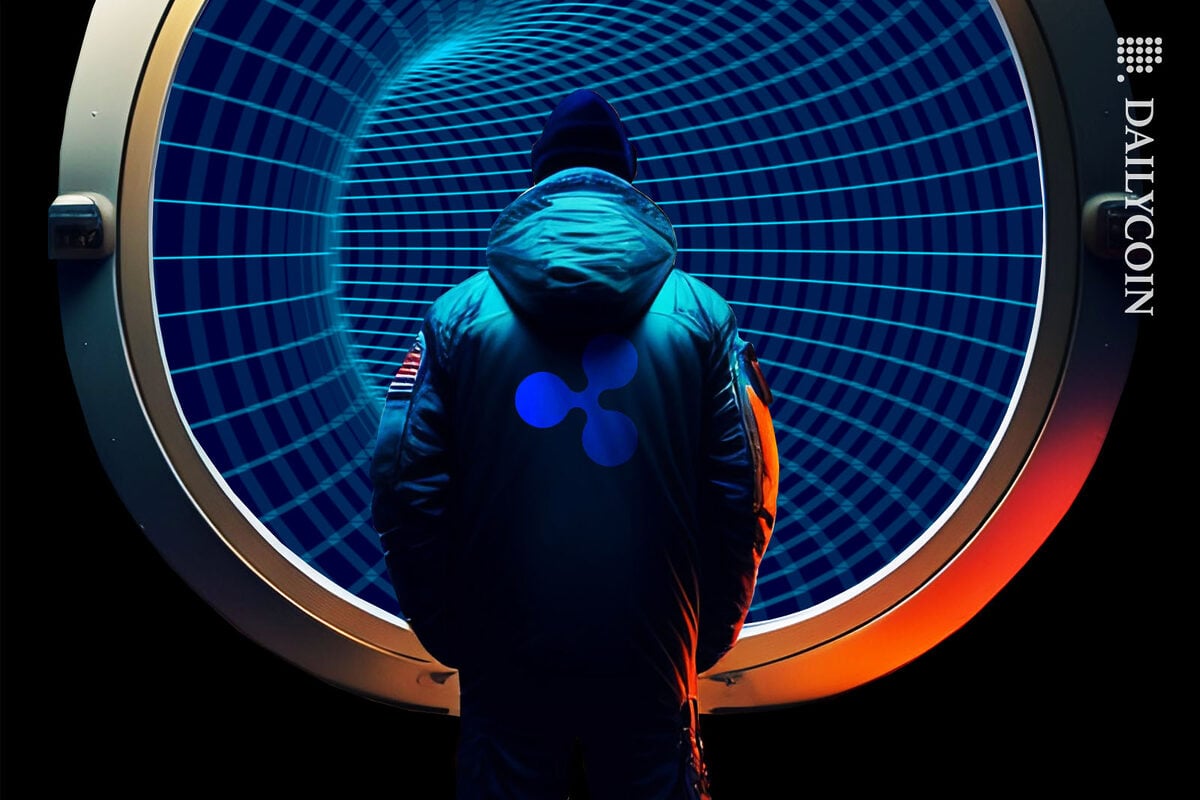 Ripple employee looking into the future through a wormhole.