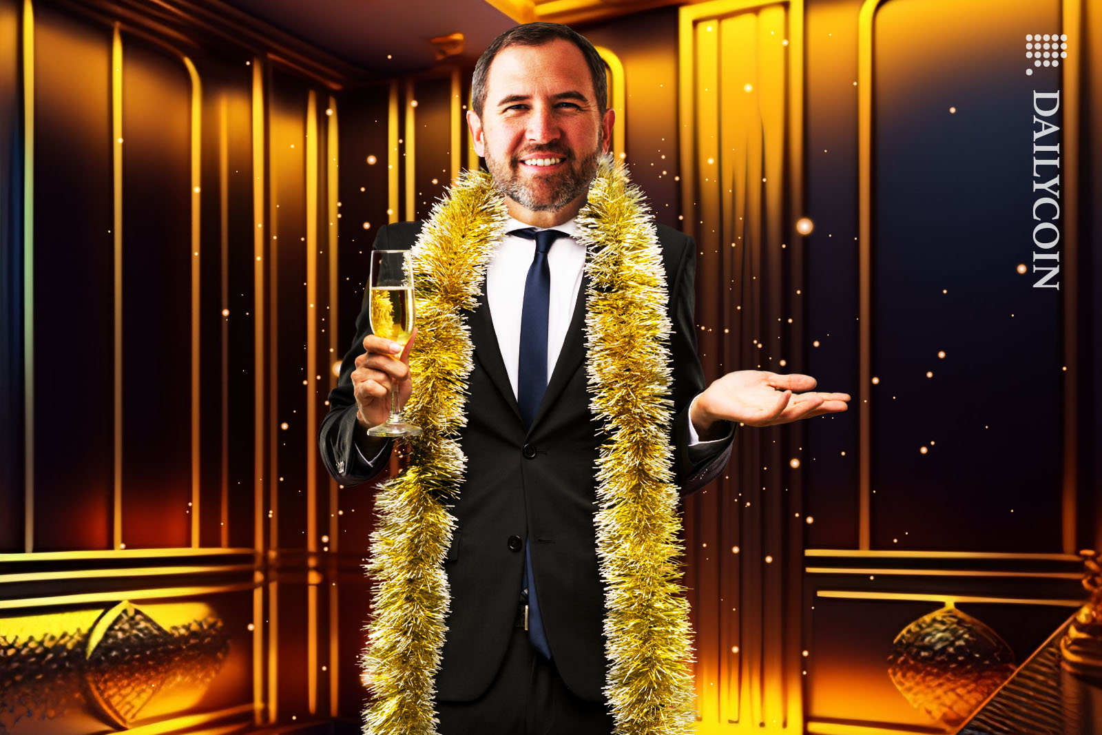 Brad Garlinghouse celebrating with a glass of Champagne in a golden room.