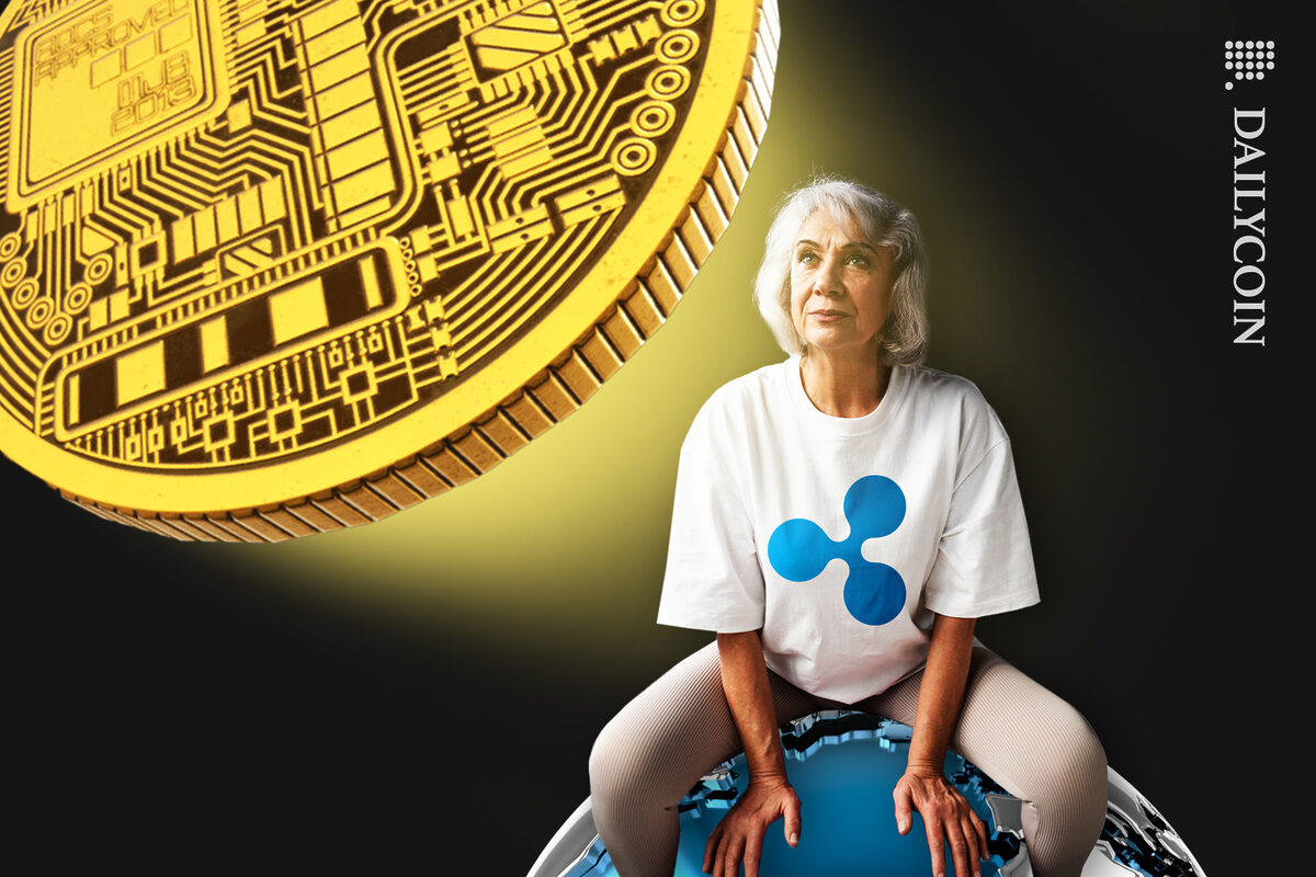 Elderly lady sitting on a globe with a Ripple logo T-shirt. Looking up at CBDC.