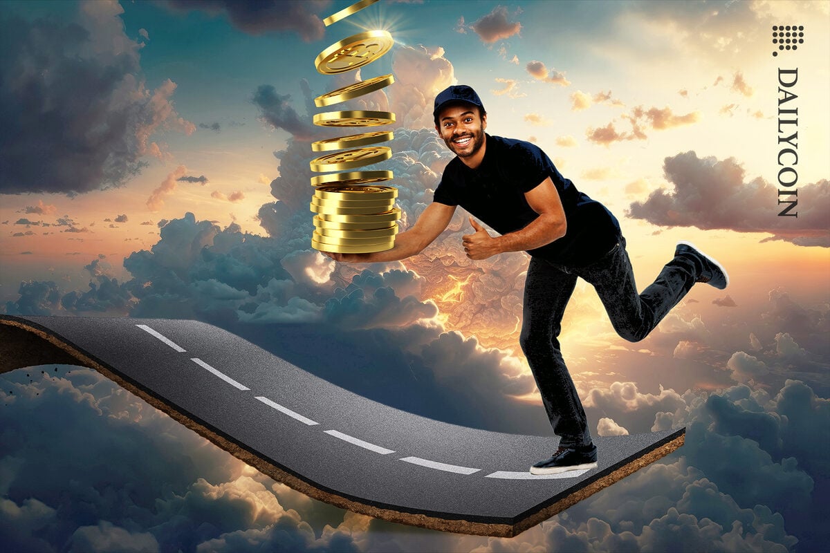 Happy man in the sky with thumbs up are catching Bitcoins on the floating road.