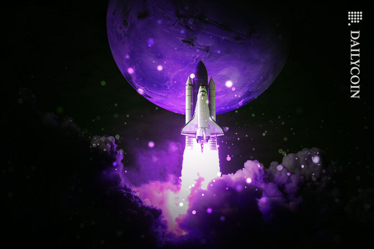 Rocket launch with the purple moon on the background.