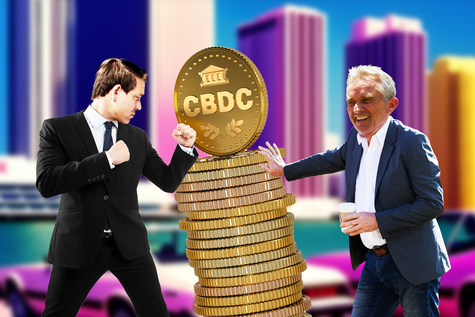 Kennedy Jr. pushing over a stack of CBDC coins from one side, whilst Ron DeSantis is ready to fight the coins from the other side.