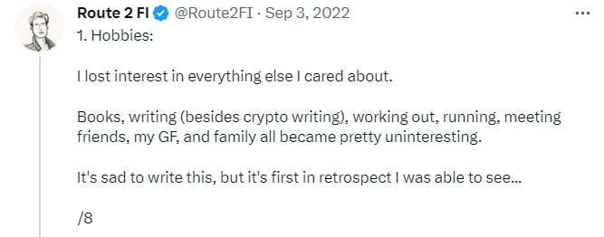 Crypto addiction described on Twitter by Route 2 FI.