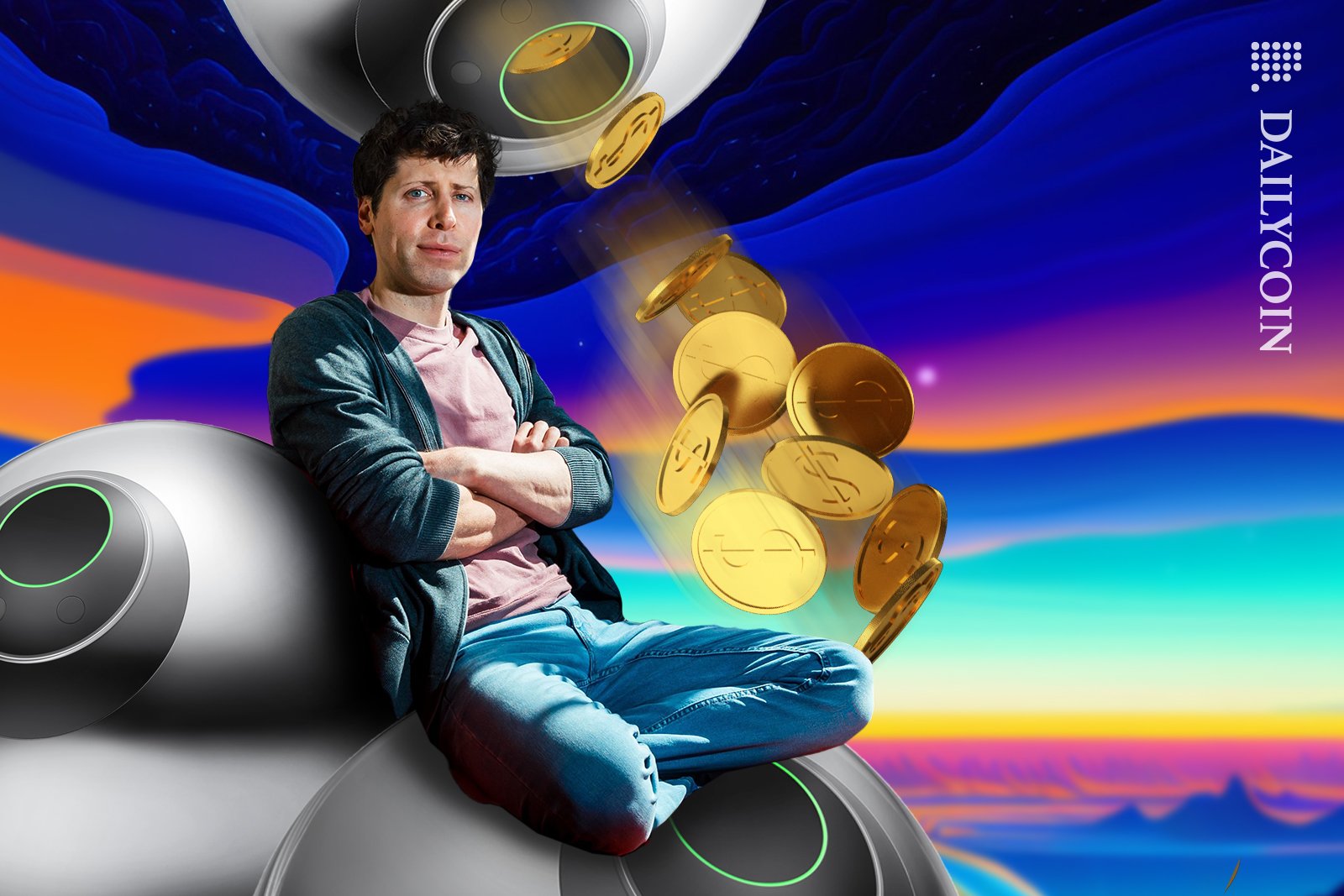 Sam Altman sitting on a stack of Worldcoin eyeballs in front of one Worldcoin eyeball spitting crypto coins.