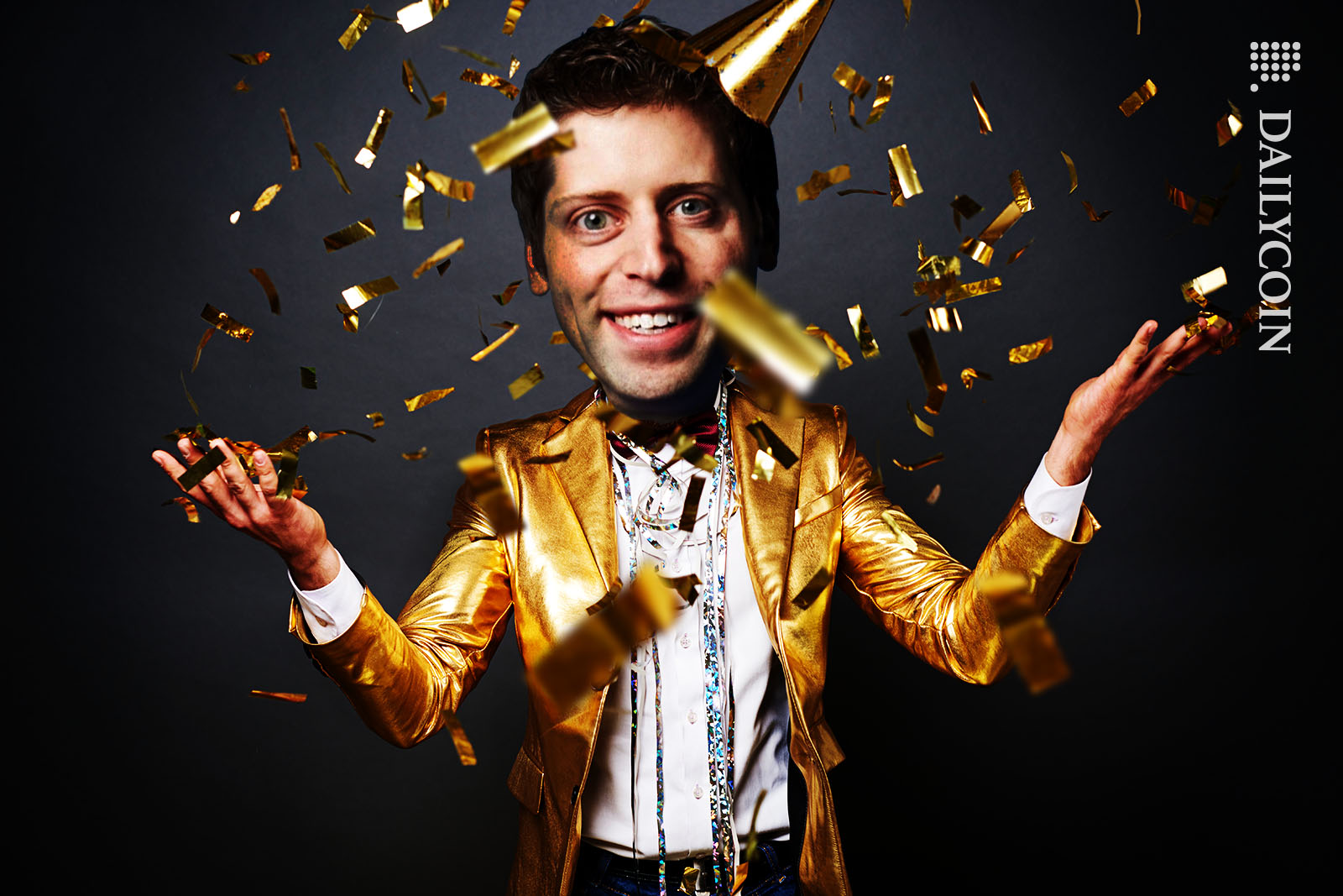 Samuel Altman looking slightly crazy, celebrating in a golden jacket throwing golden confetti around.