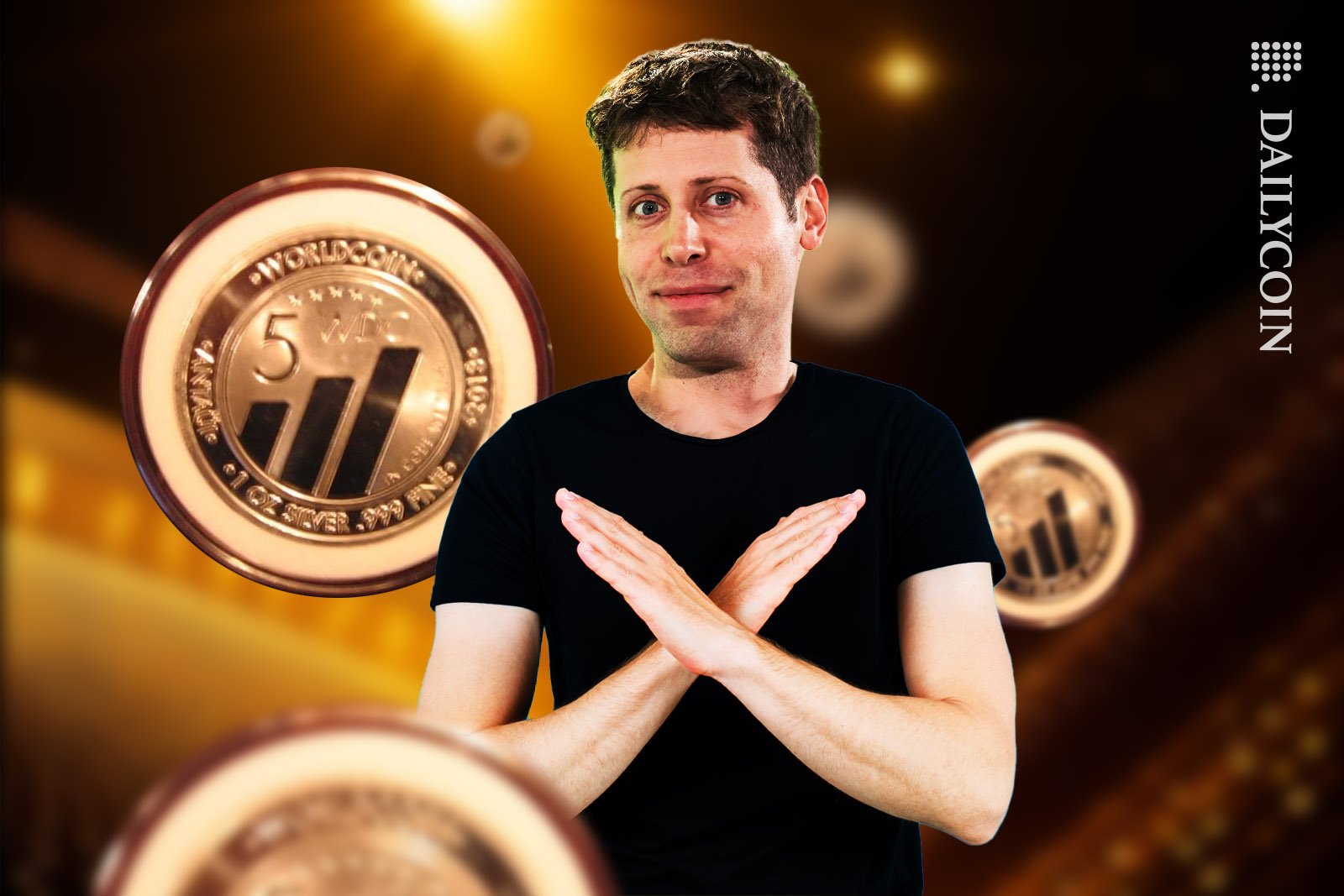 Sam Altman surrounded by Worldcoins is showing a cross sign with his hands.