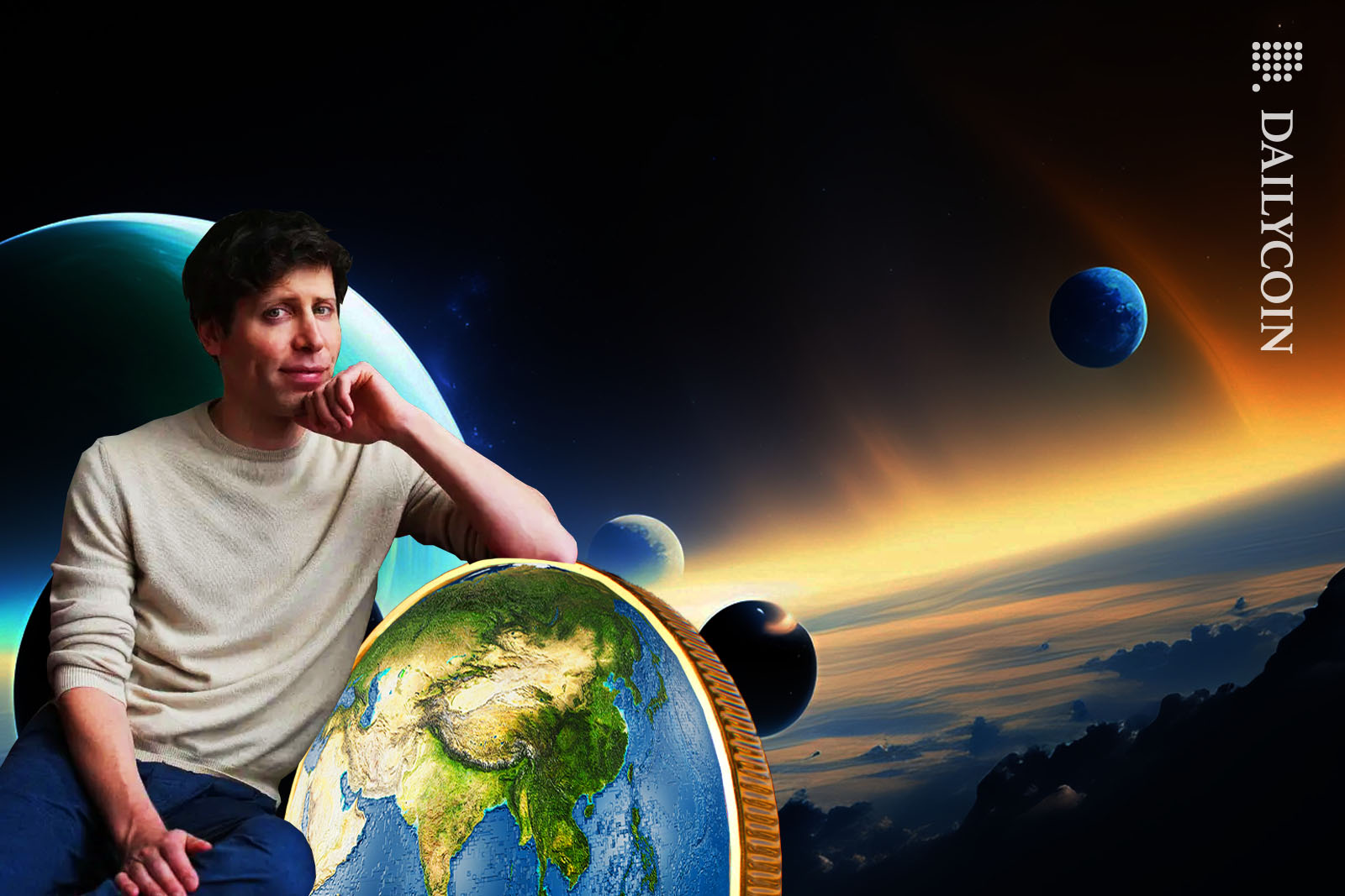 Sam Altman smiling in outter space, next to a worldcoin.
