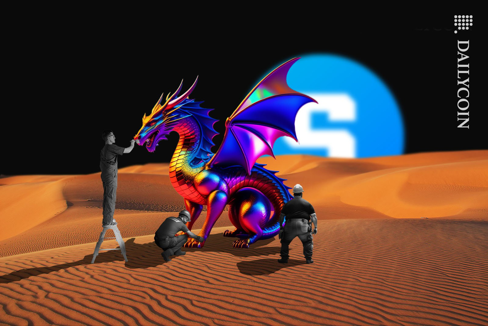 A man working in the desert on a colorful 3D dragon in front of a Sandbox token setting on the horizon.