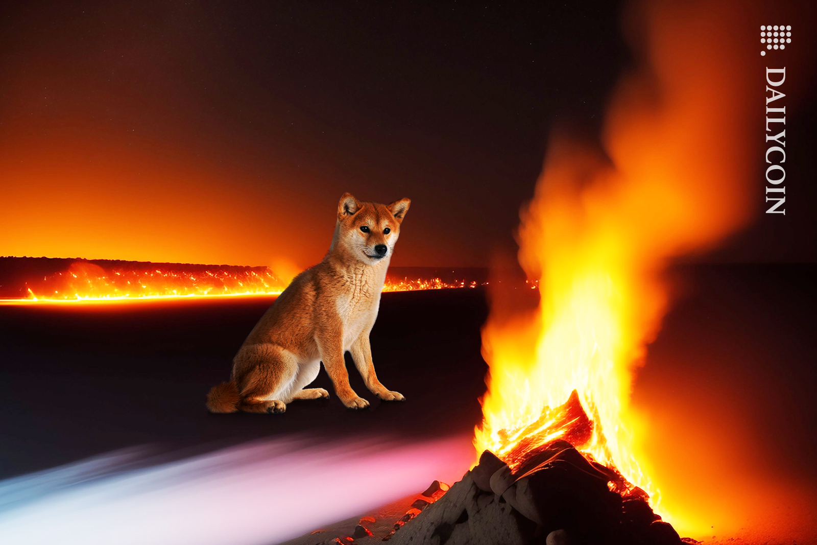 Shiba dog watching fire mountain burn.