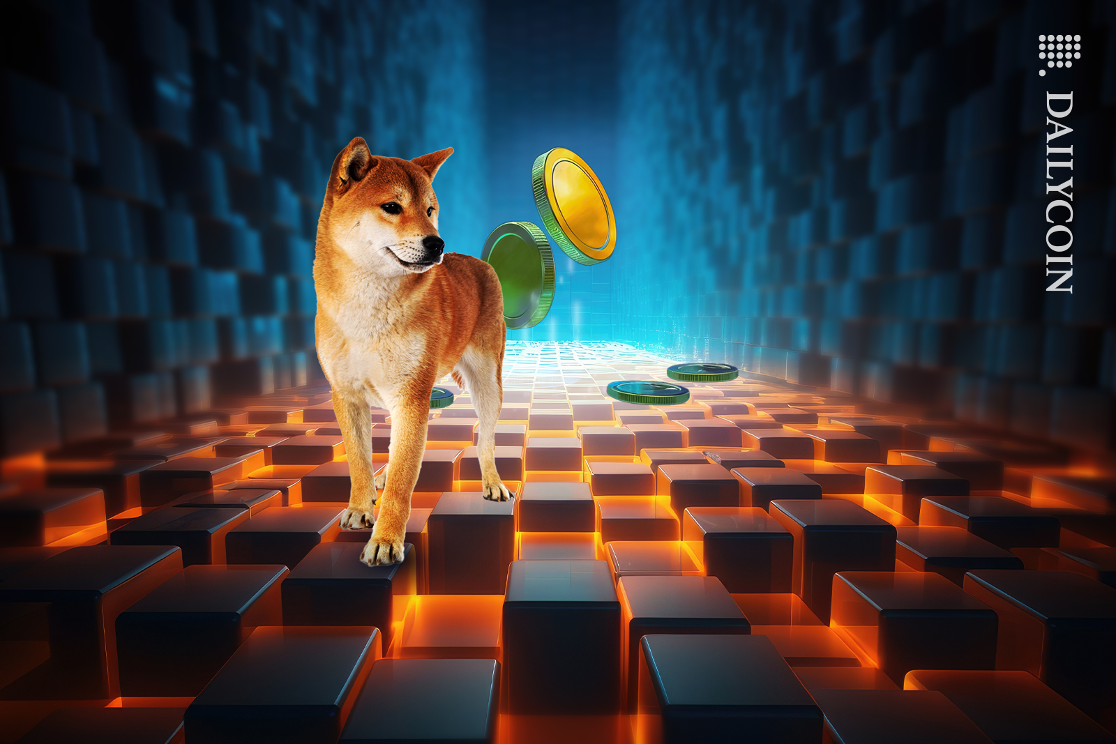 Shiba Inu walking on the little dark blocks. Behind the dog coins are floating up from the ground.