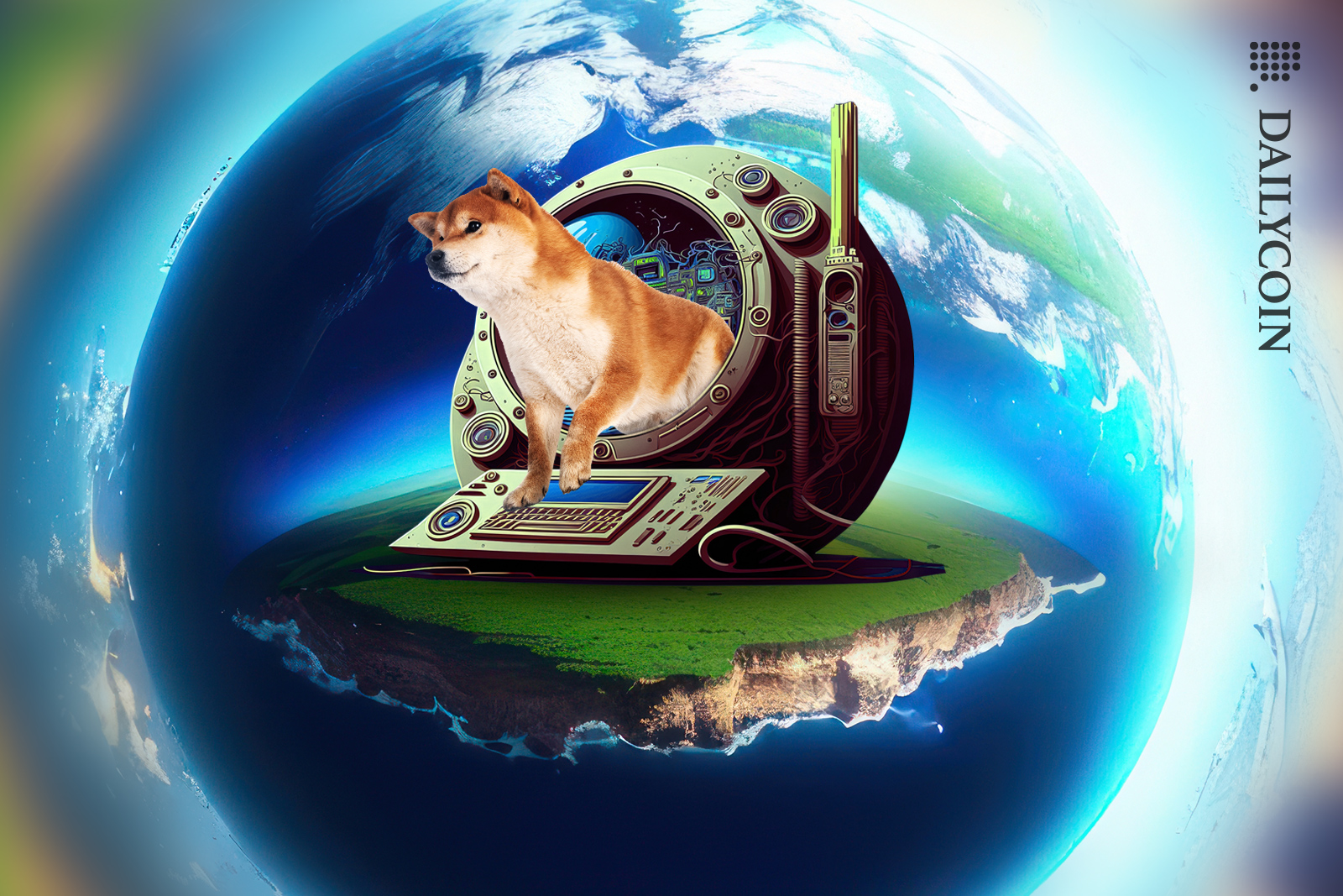 Shiba Inu coming out of a circular futuristic computer onto a land surrounded by the globe.