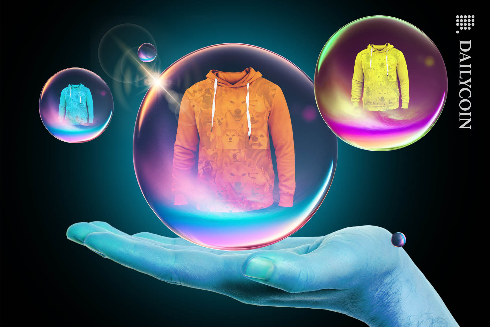 A hand presenting Shiba Inu hoodies in soap bubbles.