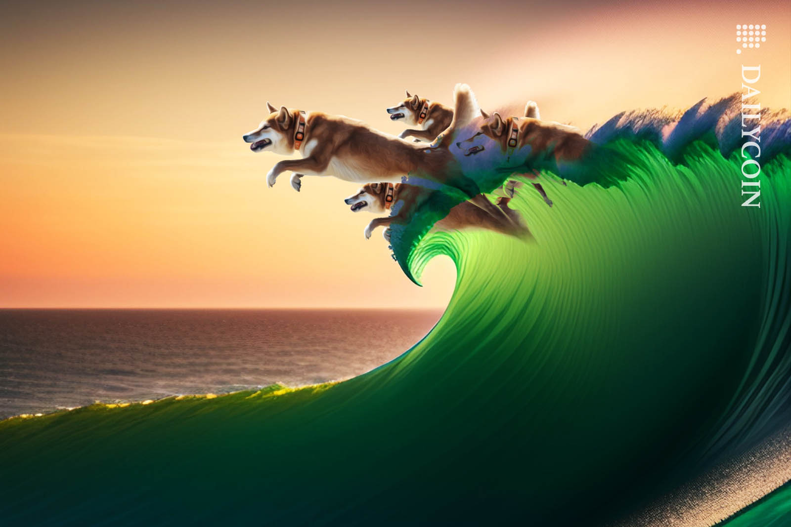 Four Shiba Inus emerging from a giant green wave.