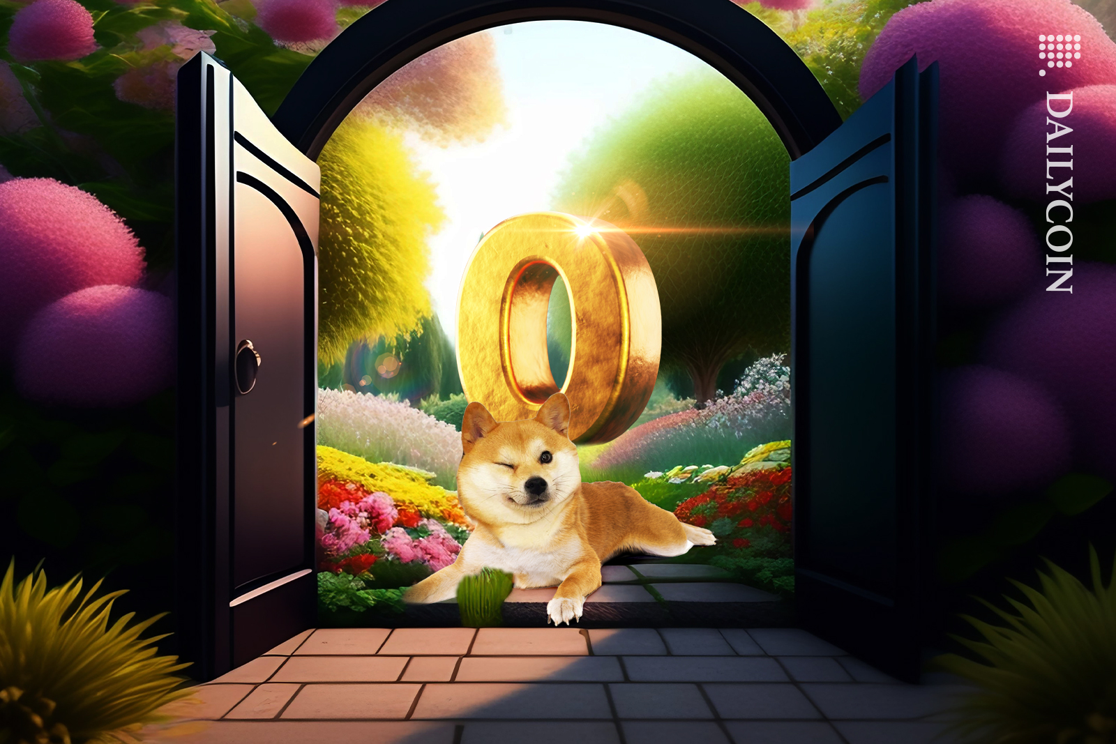 Winking Shiba Inu laying at a garden entrance door in front of a gold zero.