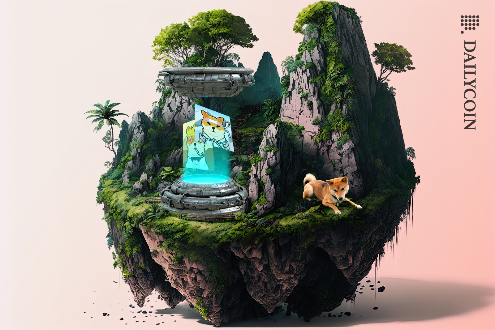 Shiba inu sitting on a jungle island. A portal on the island has Shiboshis NFTs.