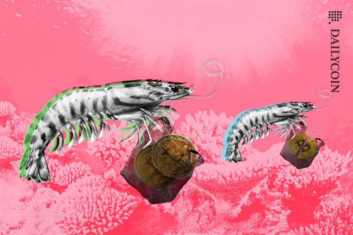 Shrimps in the pink ocean with plastic shopping bags carrying Bitcoins.