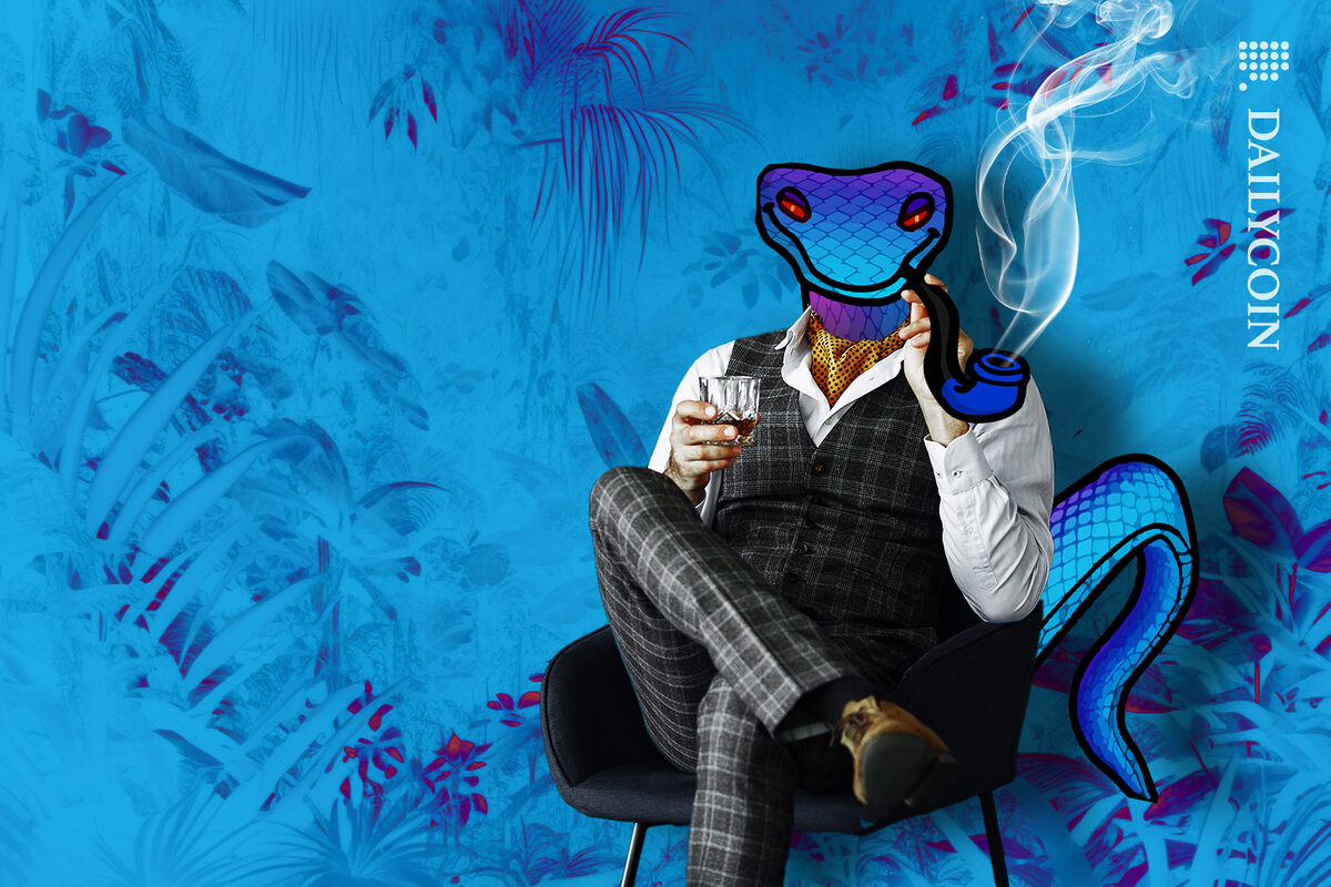 Snek character sitting with a glass smoking his pipe.
