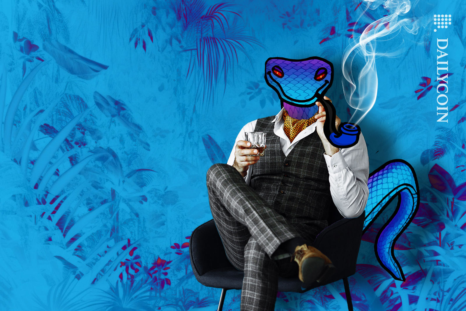 Snek character sitting with a glass smoking his pipe.