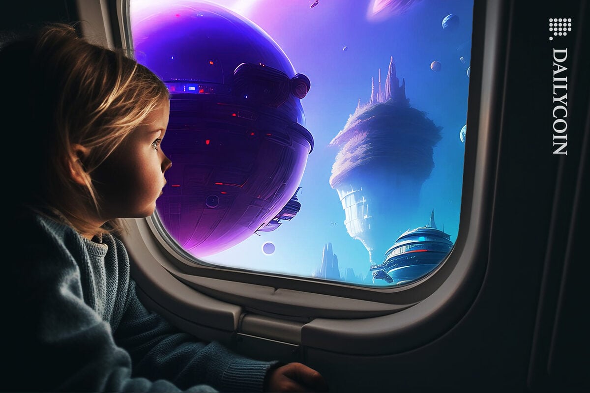 Little girl looking out the plane window seeing a futuristic land with spaceship balloons.