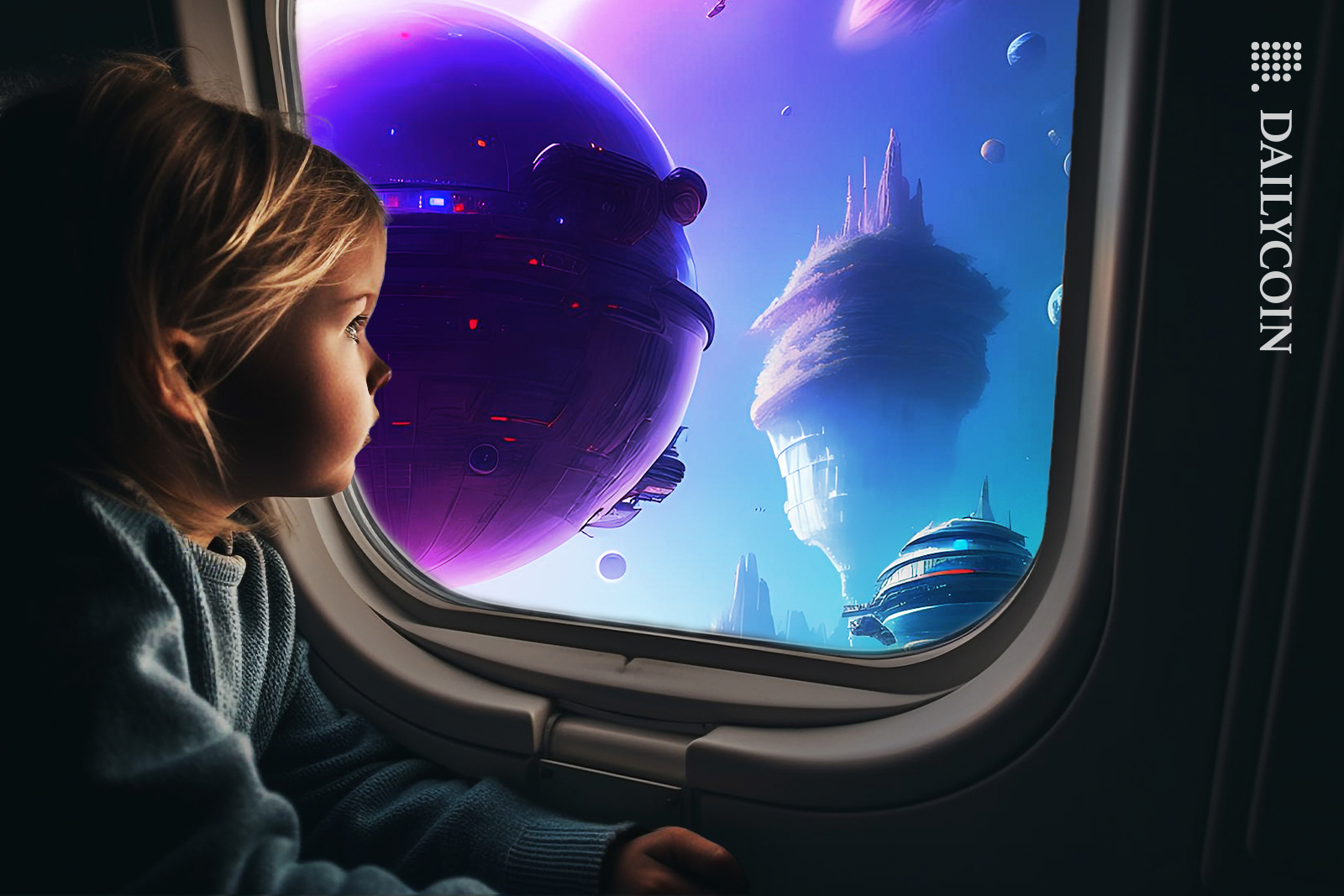 Little girl looking out the plane window seeing a futuristic land with spaceship balloons.
