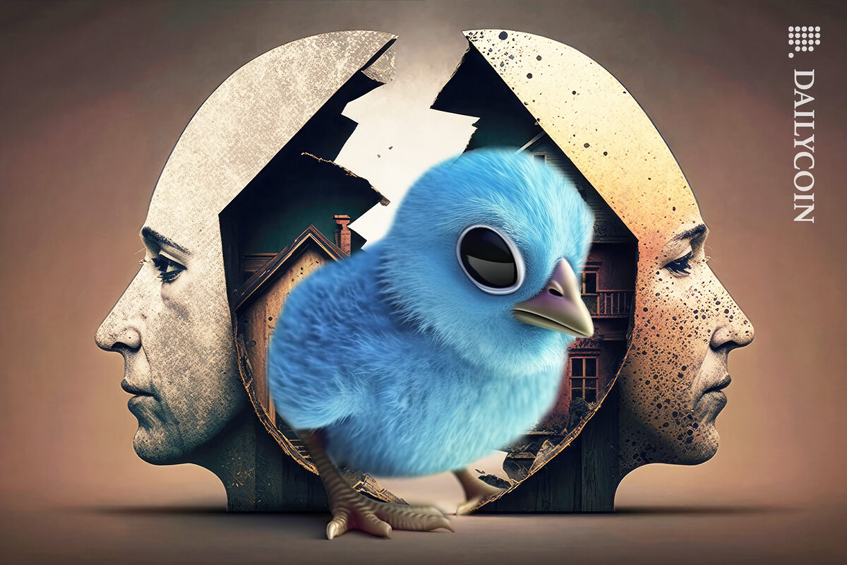 A blue Twitter bird coming out the middle of two split heads looking opposite directions.
