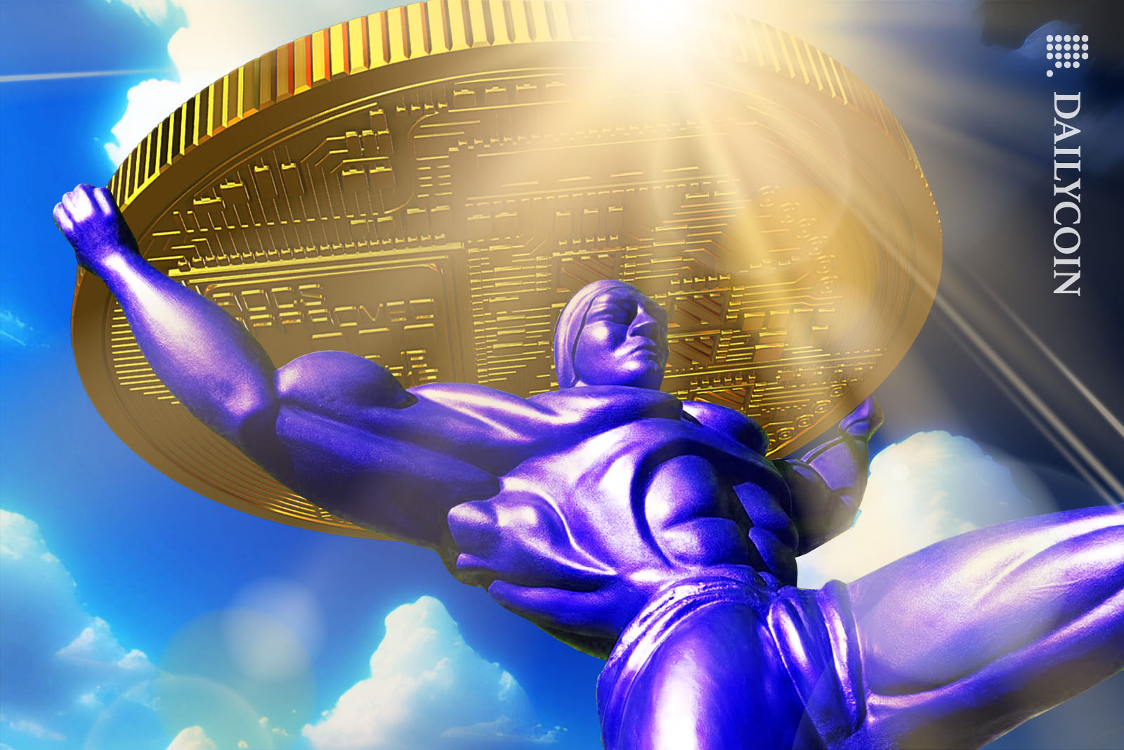 A blue Athlas statue holding up a huge stablecoin.