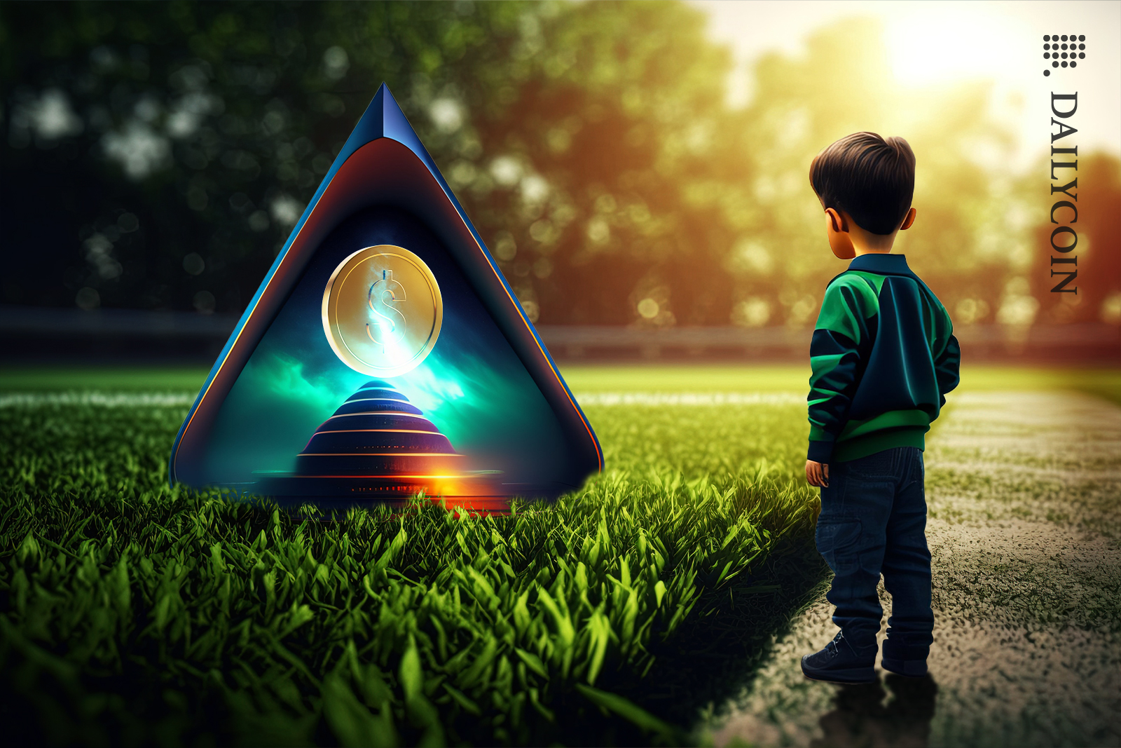Little boy in a park with his back turned discovered a magic triangle with a dollar coin inside.