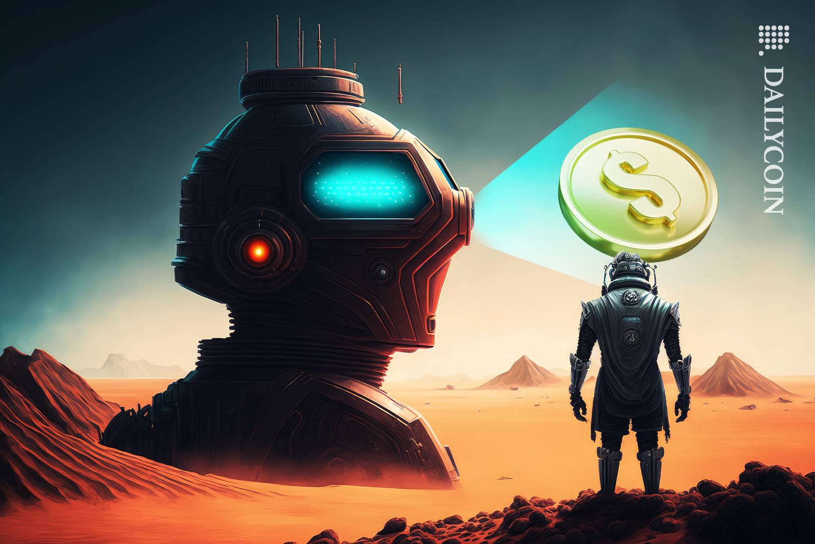 Robot rising from the ground in a desert with shining eyes while a space man with a dollar coin above his head is looking.