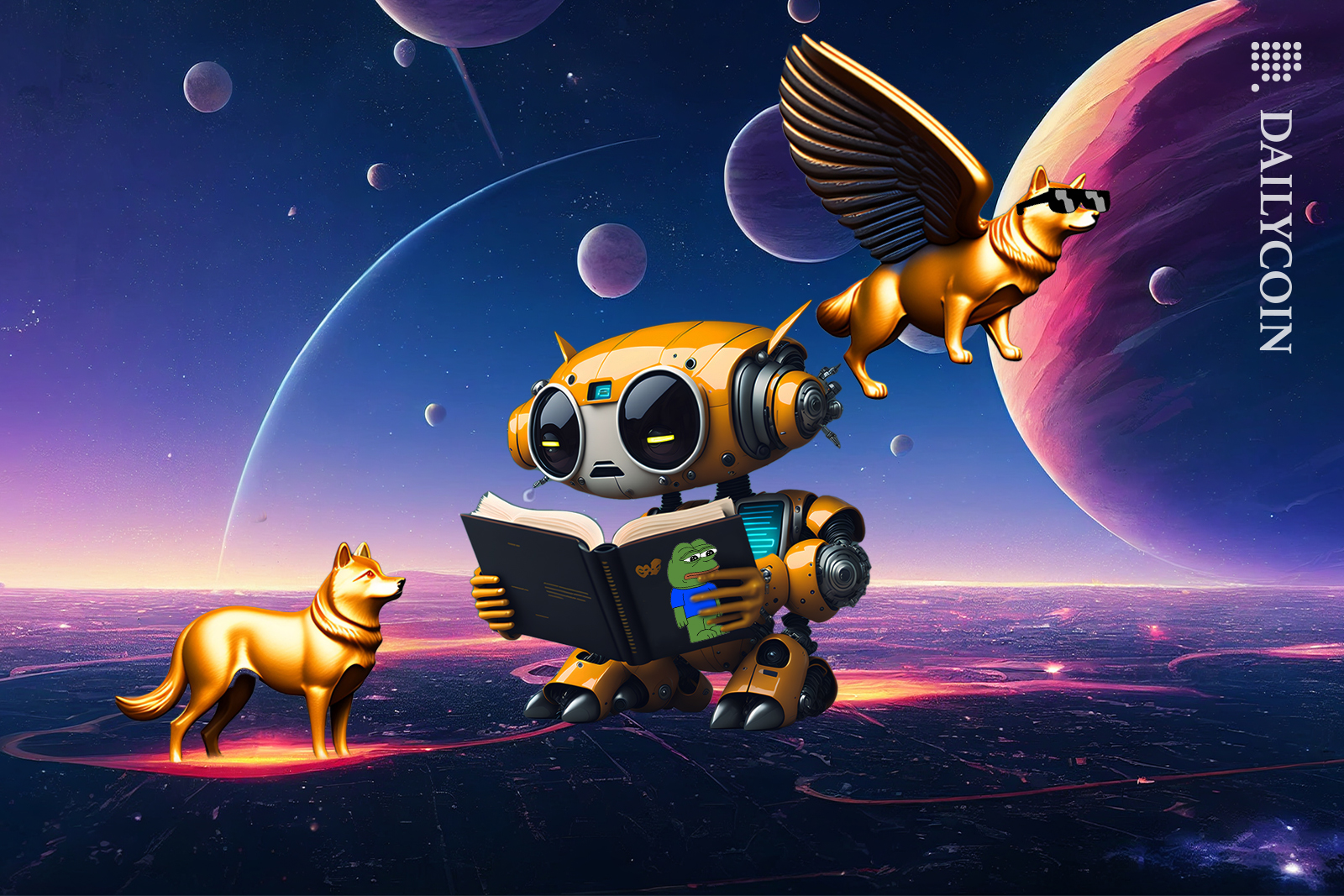 Robot in an alien planet is reading a story of Pepe to a Shiba Inu while a Doge with wings is flying off.