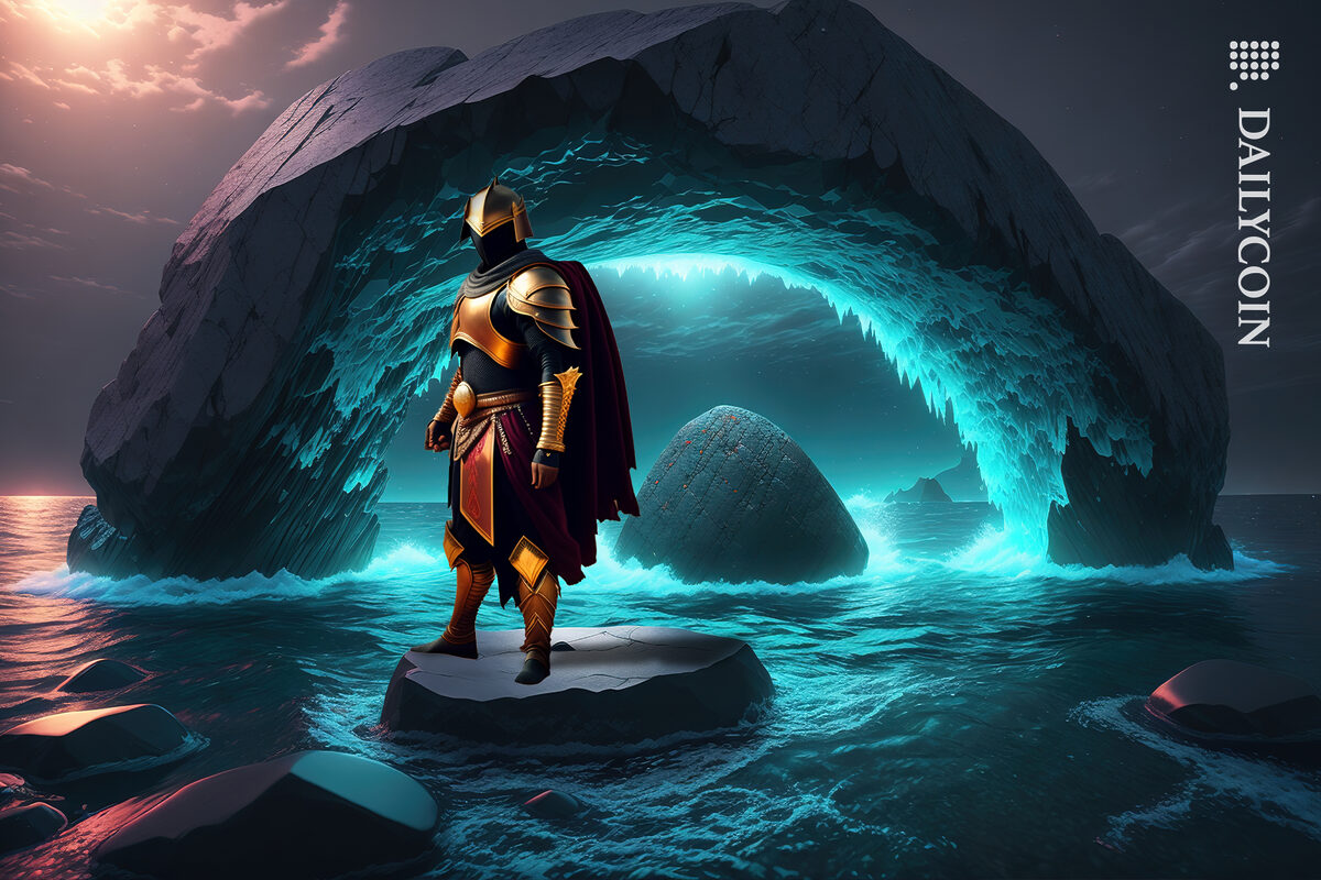A warrior wearing a metallic gold armor is standing on a stepping stone in the middle of the ocean with a glowing blue stone arc.