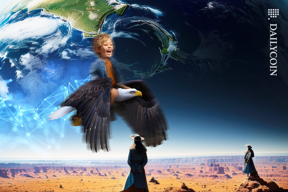 Happy kid flying on a bald eagle with a trail of DeFi technology while two woman at the desert are looking at them.
