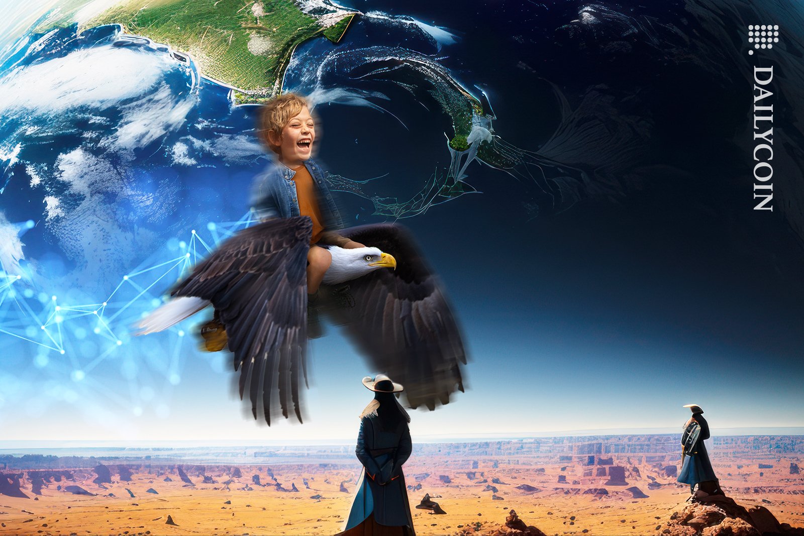 Happy kid flying on a bald eagle with a trail of DeFi technology while two woman at the desert are looking at them.