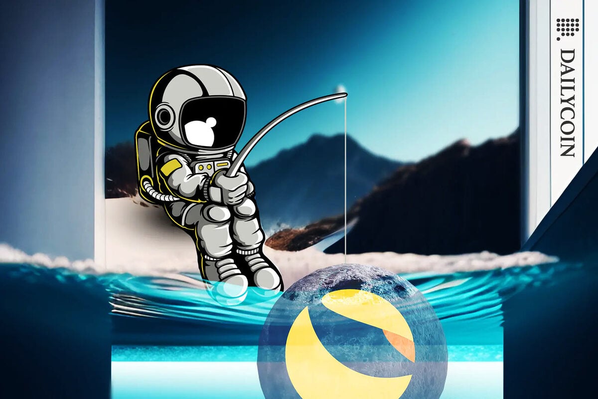 Astronaut hooked a Terra Luna Logo whilst fishing in abstract surroundings.