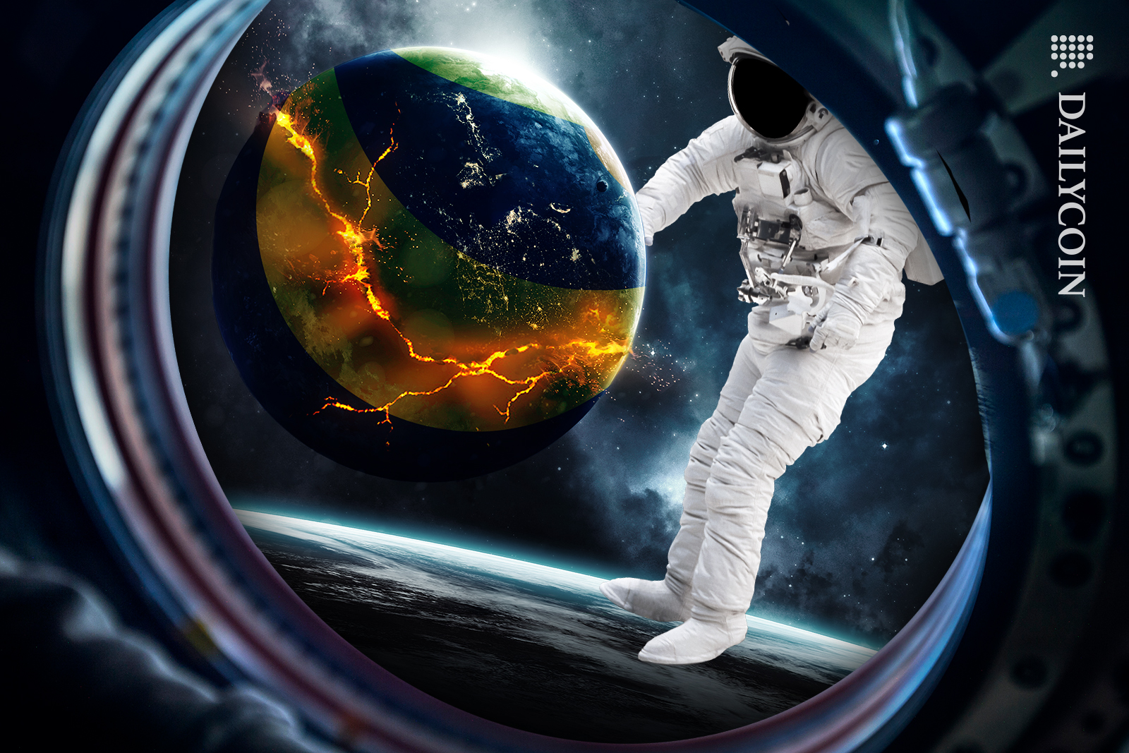 Window looking out into space with a spaceman standing on earth and touching a broken planet with Terra Luna hovering above.