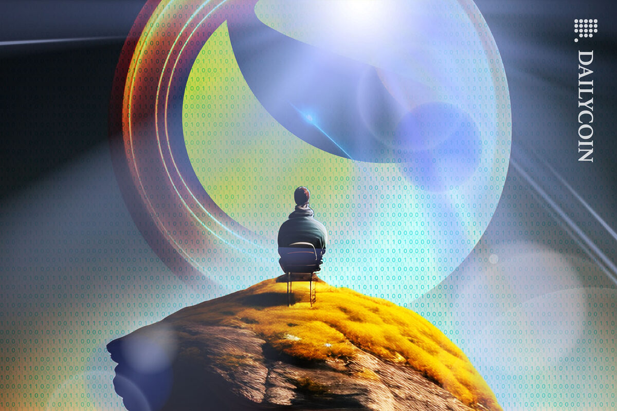 A guy sitting on a chair on top of a mountain, looking at huge Terra Luna logo in the sky surrounded by binary code.