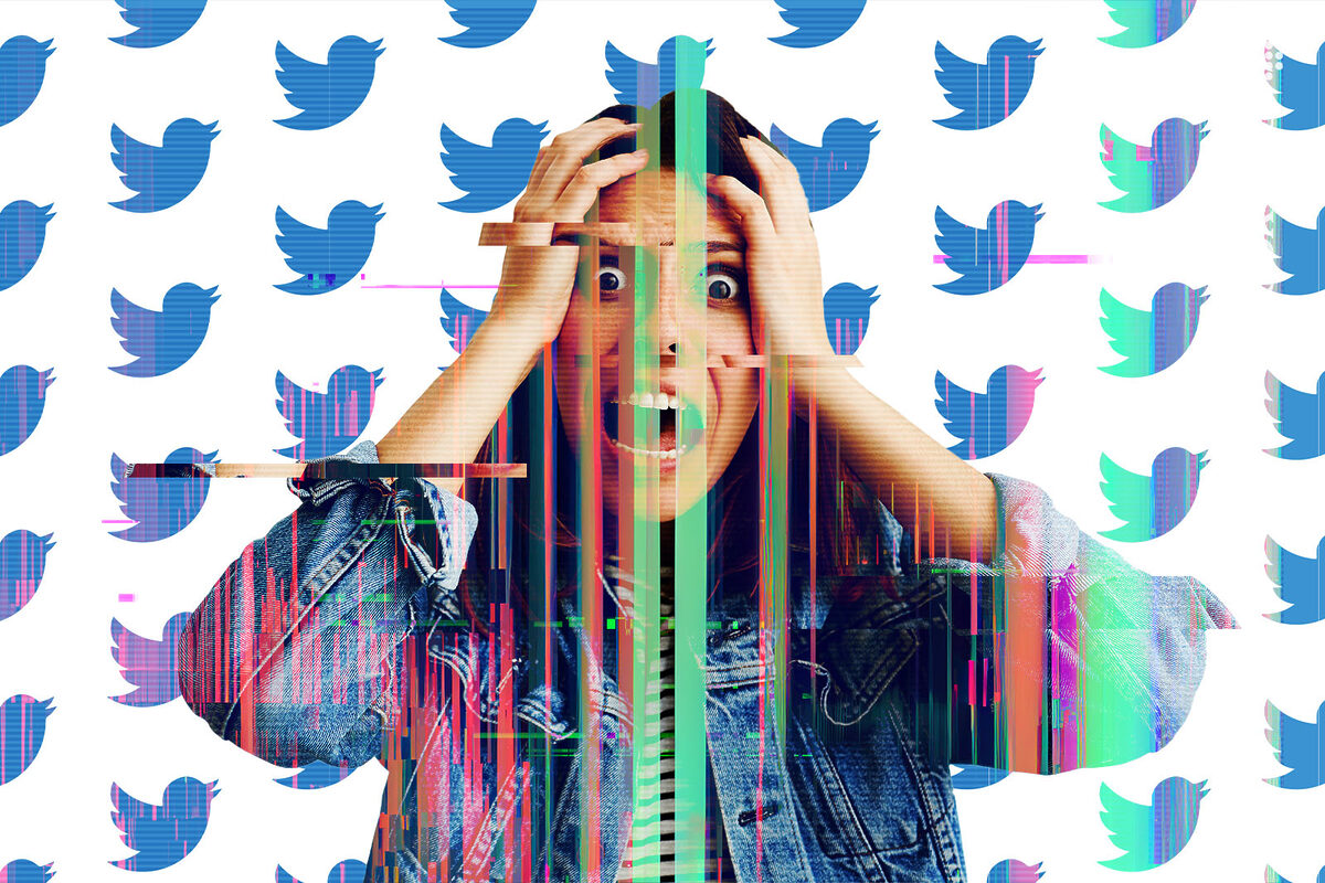 A digital woman panicking in front of a lot of Twitter logos.