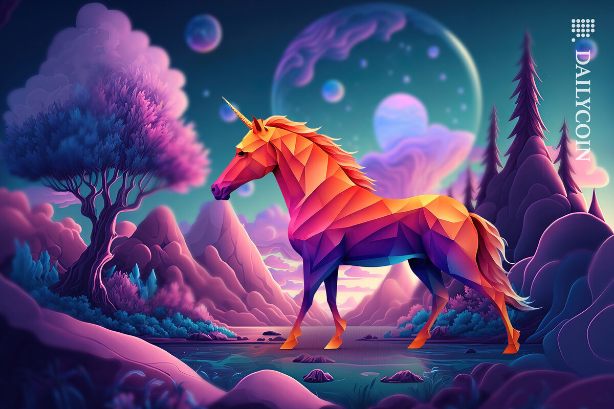 Geometrical colorful unicorn walking in a pink forest with ETH bubble blowing in the background.