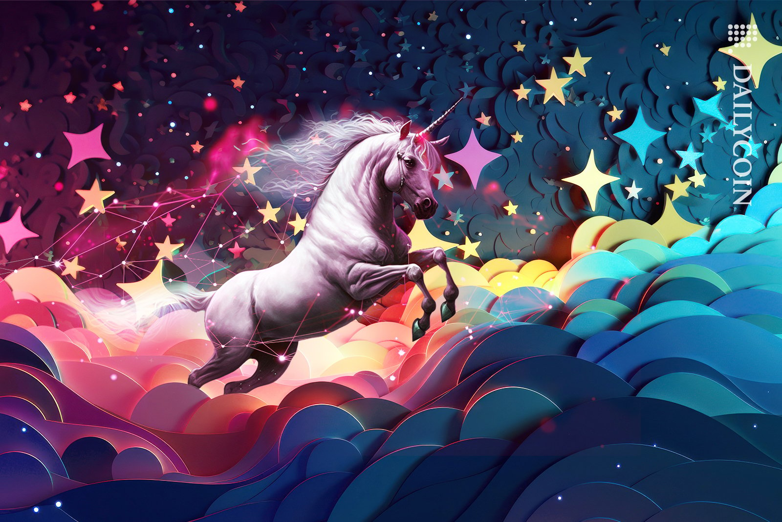 Unicorn jumping through waves in a starry night, sparkling with DeFi.