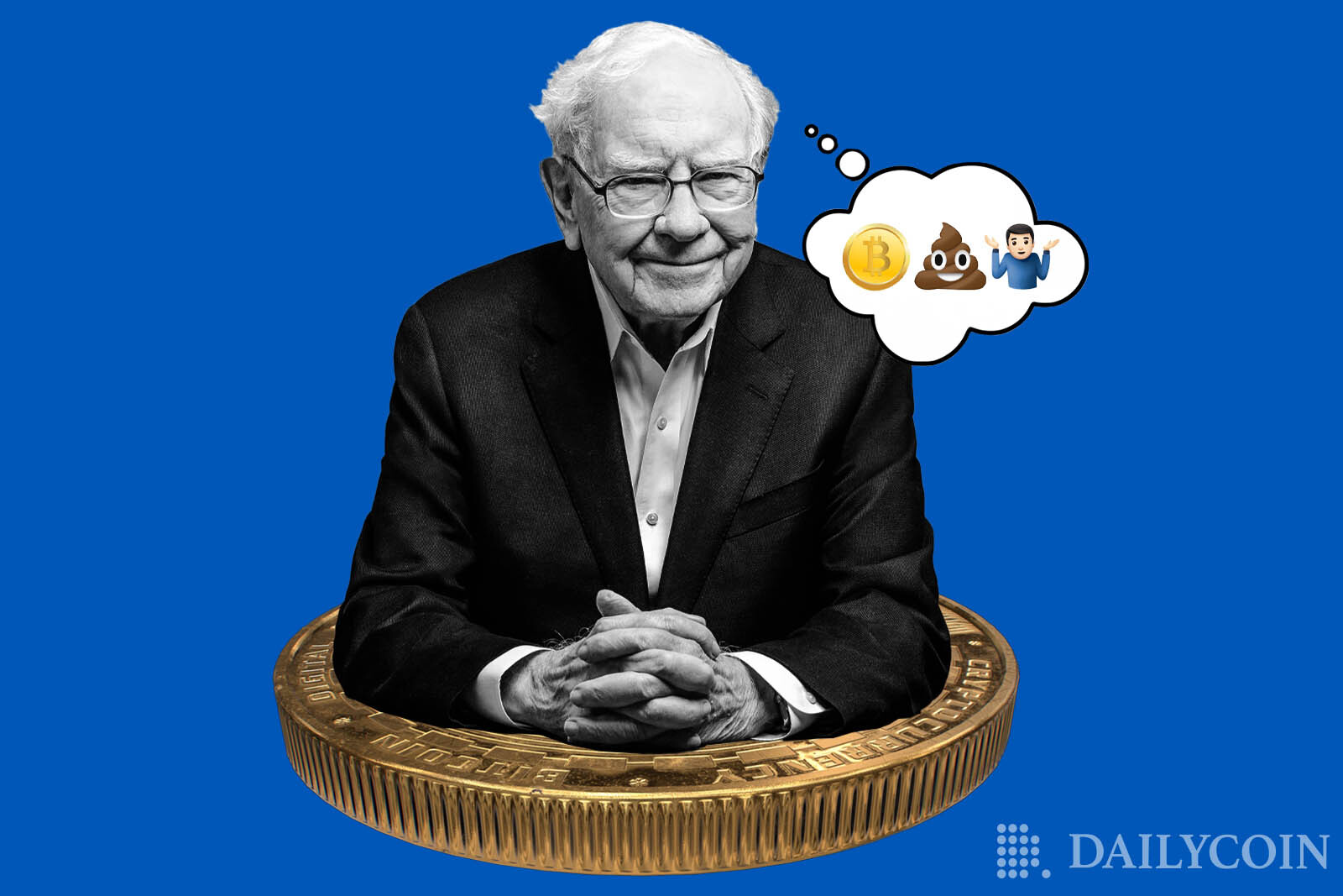 Warren Buffett leaning on a crypto coin and thinking about risky crypto investing.