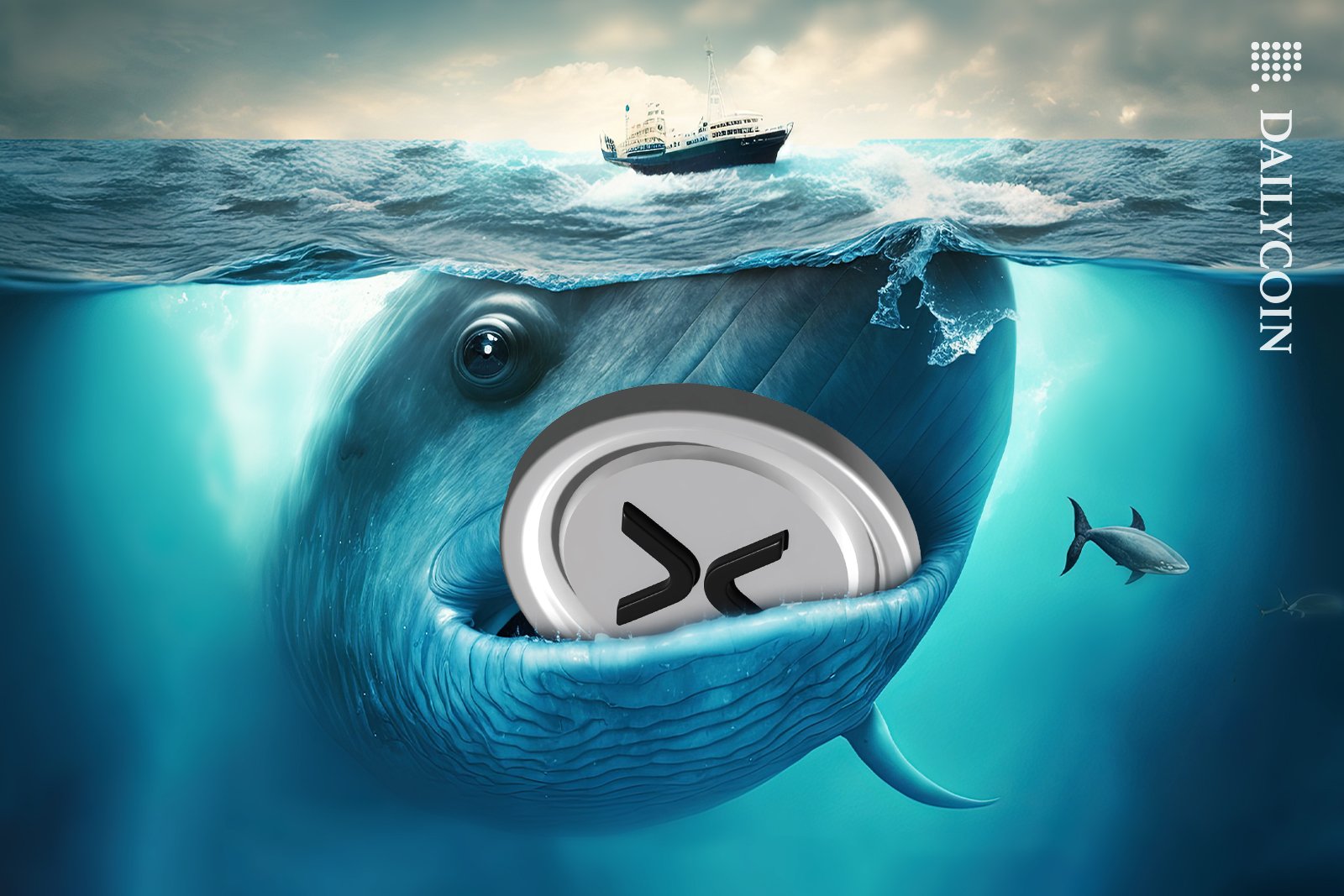 A tiny boat floating above the massive Whale with a XRP coin in its mouth.