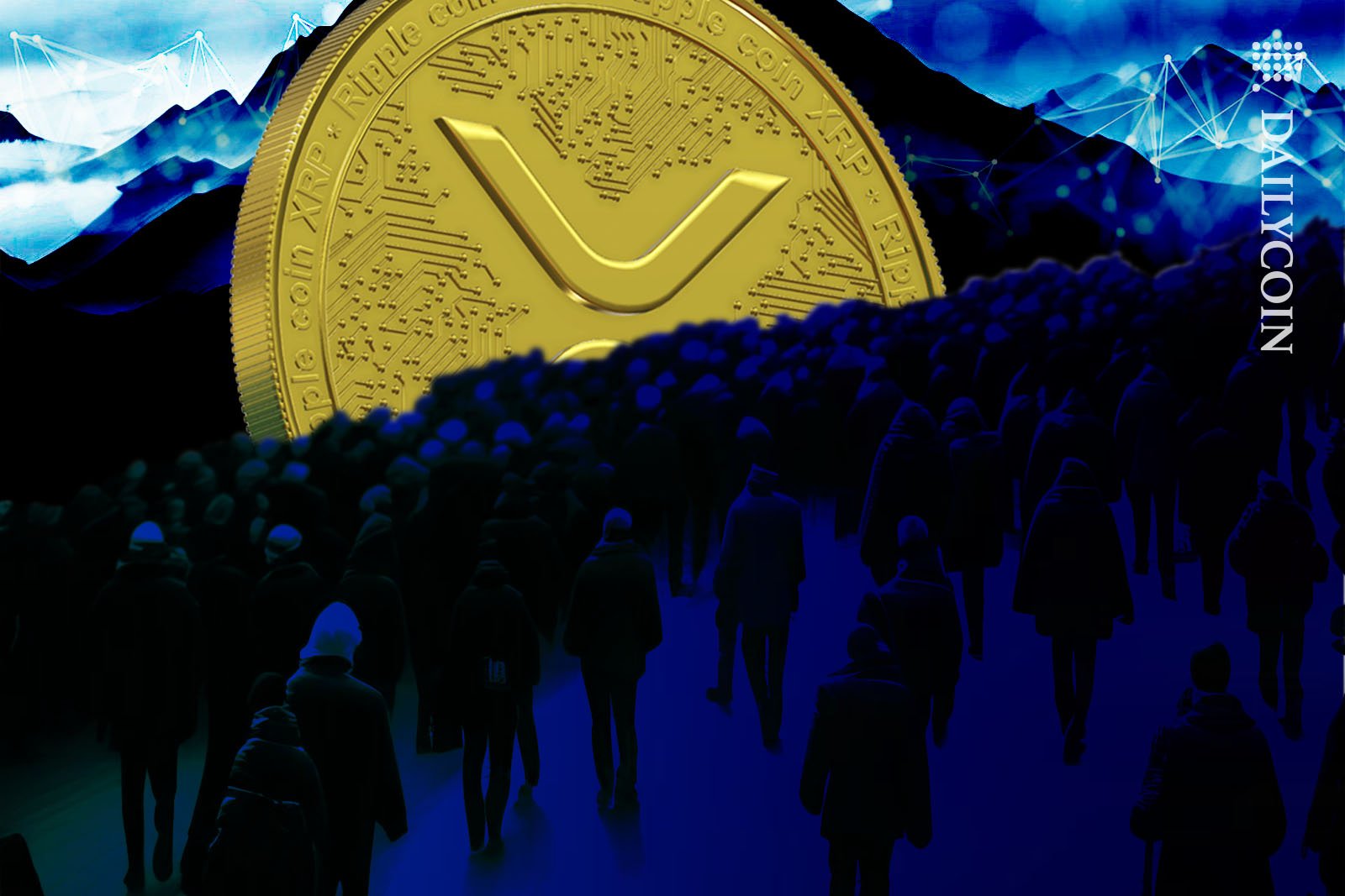 A huge crowd moving towards a giant XRP coin.