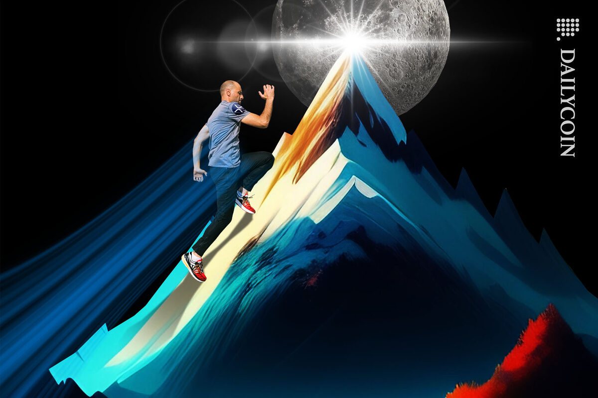 A sporty man running up a mountain towards the moon in full speed.