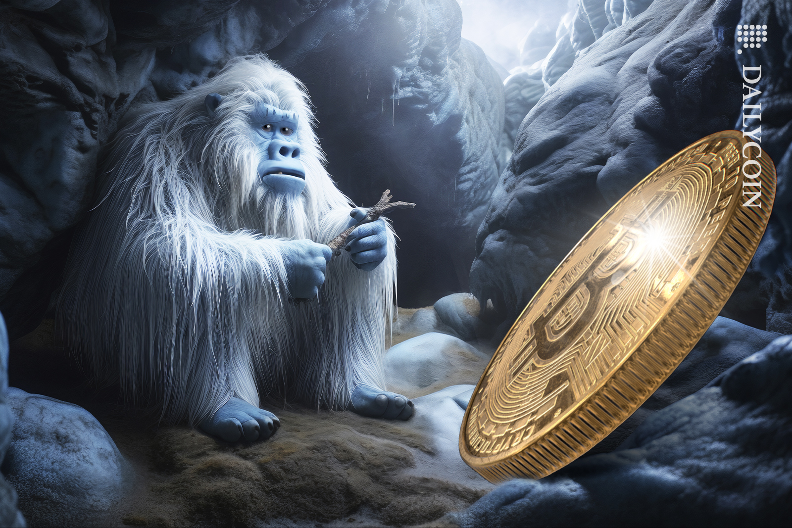 Big yeti sitting in a cave with a huge bitcoin