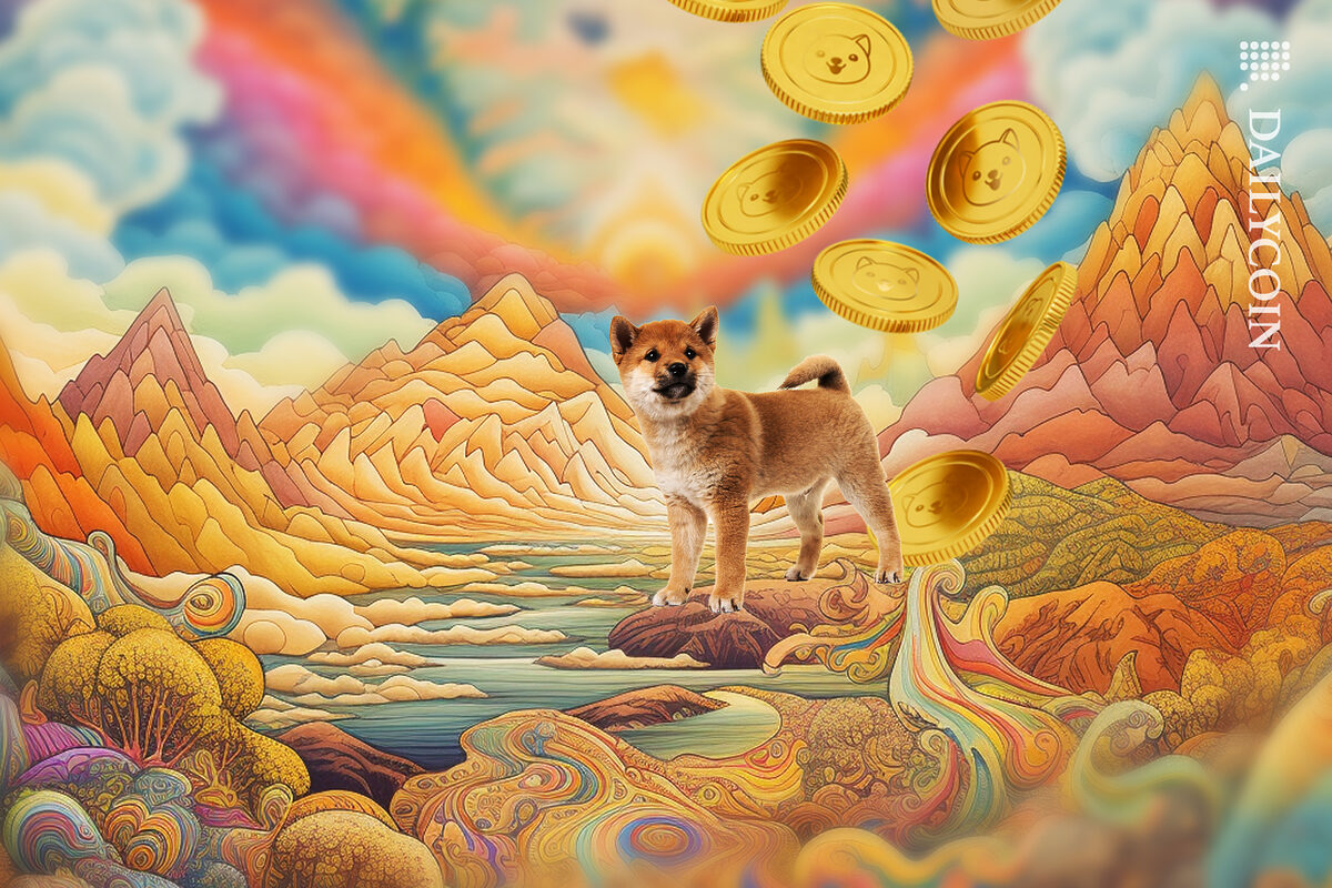 Baby Shiba Inu in trippy pyramid land surrounded by floating Baby Doge coins.